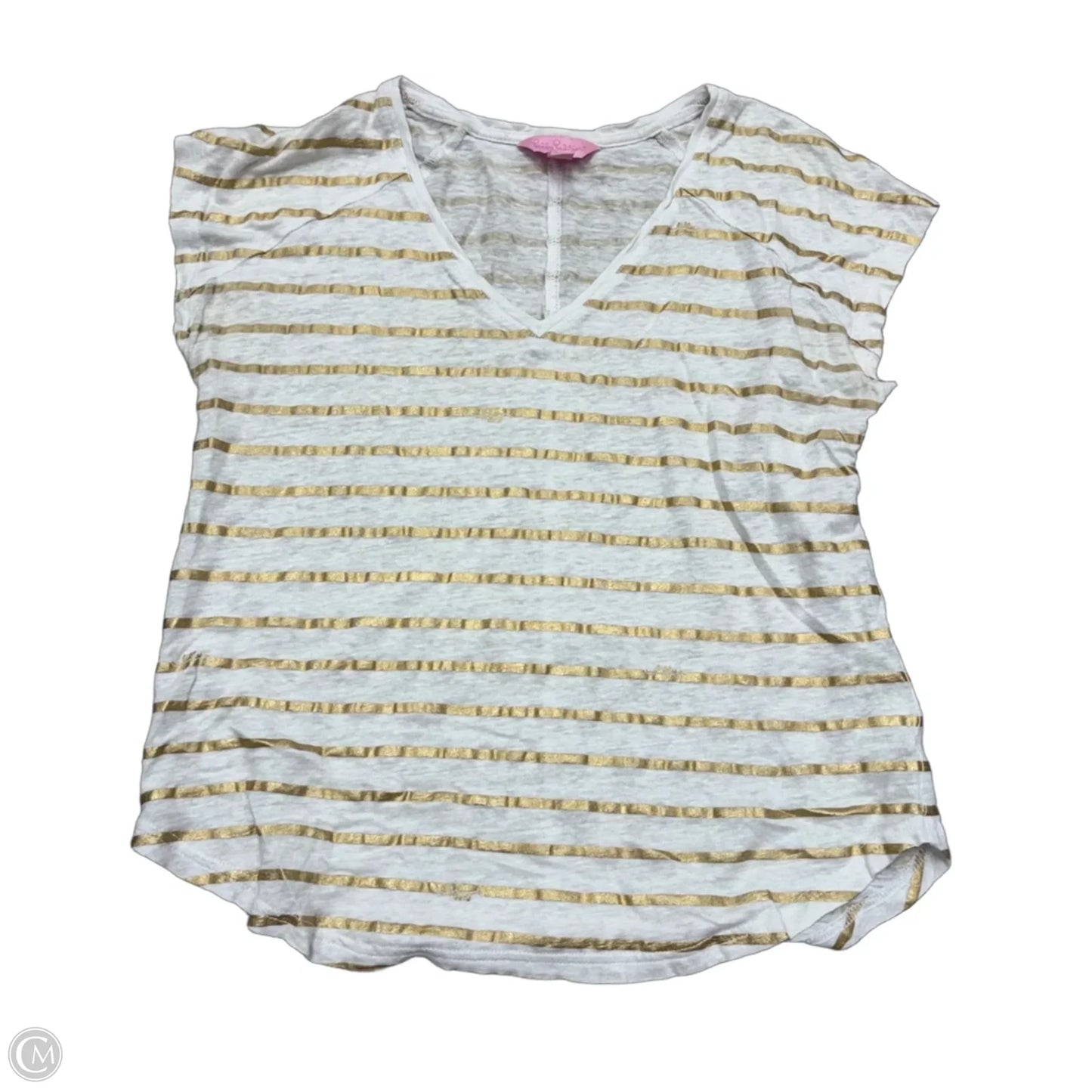 Top Short Sleeve Designer By Lilly Pulitzer In Gold & White, Size: Xxs