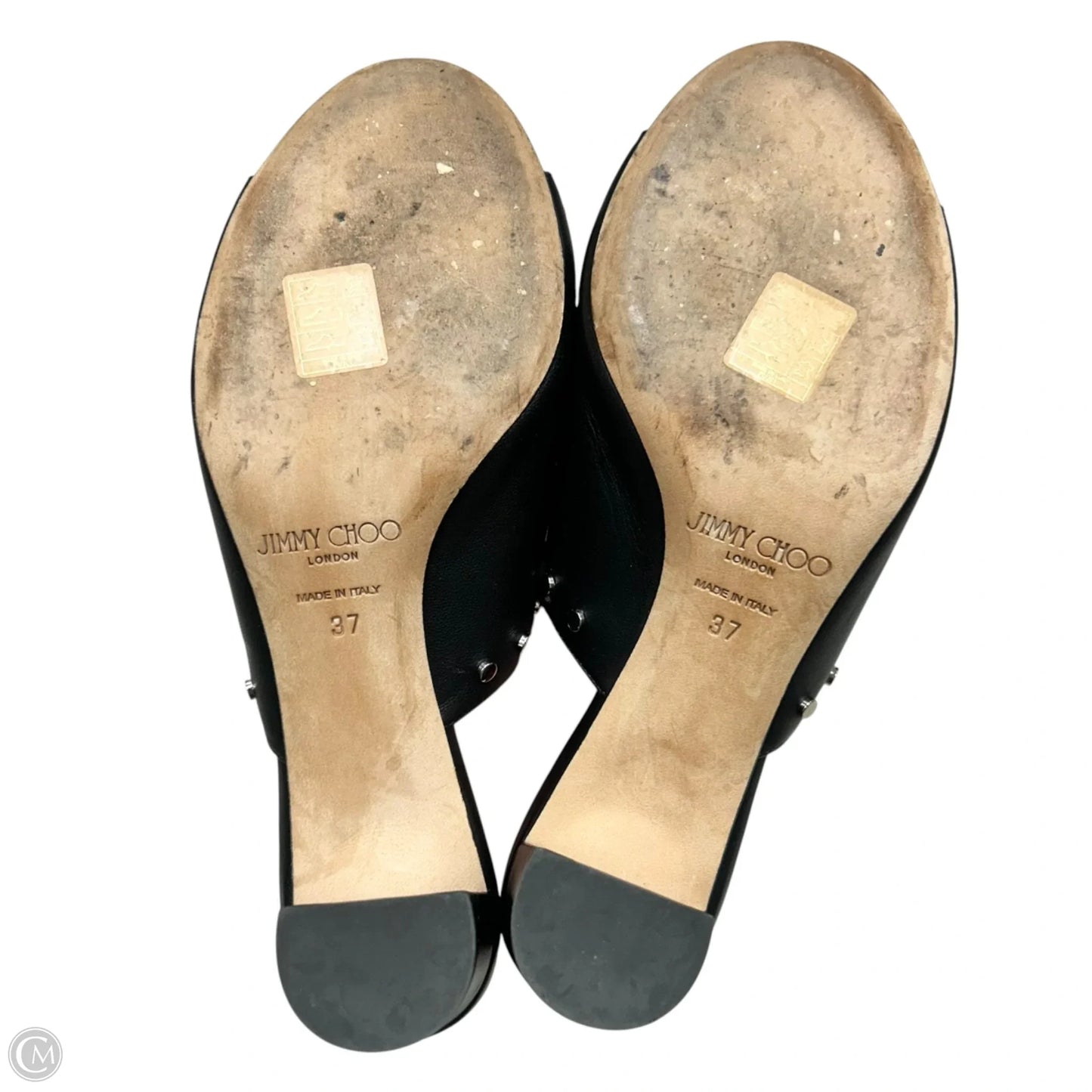 Sandals Luxury Designer By Jimmy Choo In Black & Silver, Size: 6.5