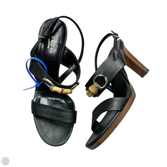 Sandals Luxury Designer By Gucci In Black & Gold, Size: 7.5