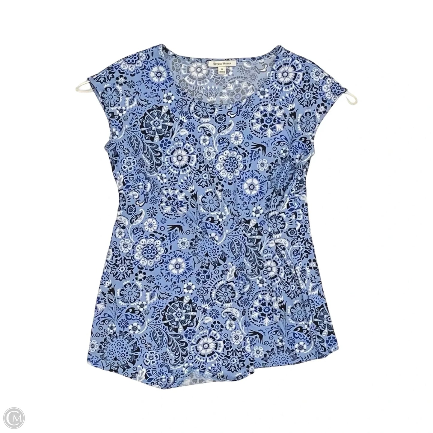 Blouse Short Sleeve By Studio Works In Blue & White, Size: M