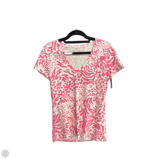 Top Short Sleeve Designer By Lilly Pulitzer In Pink & White, Size: S