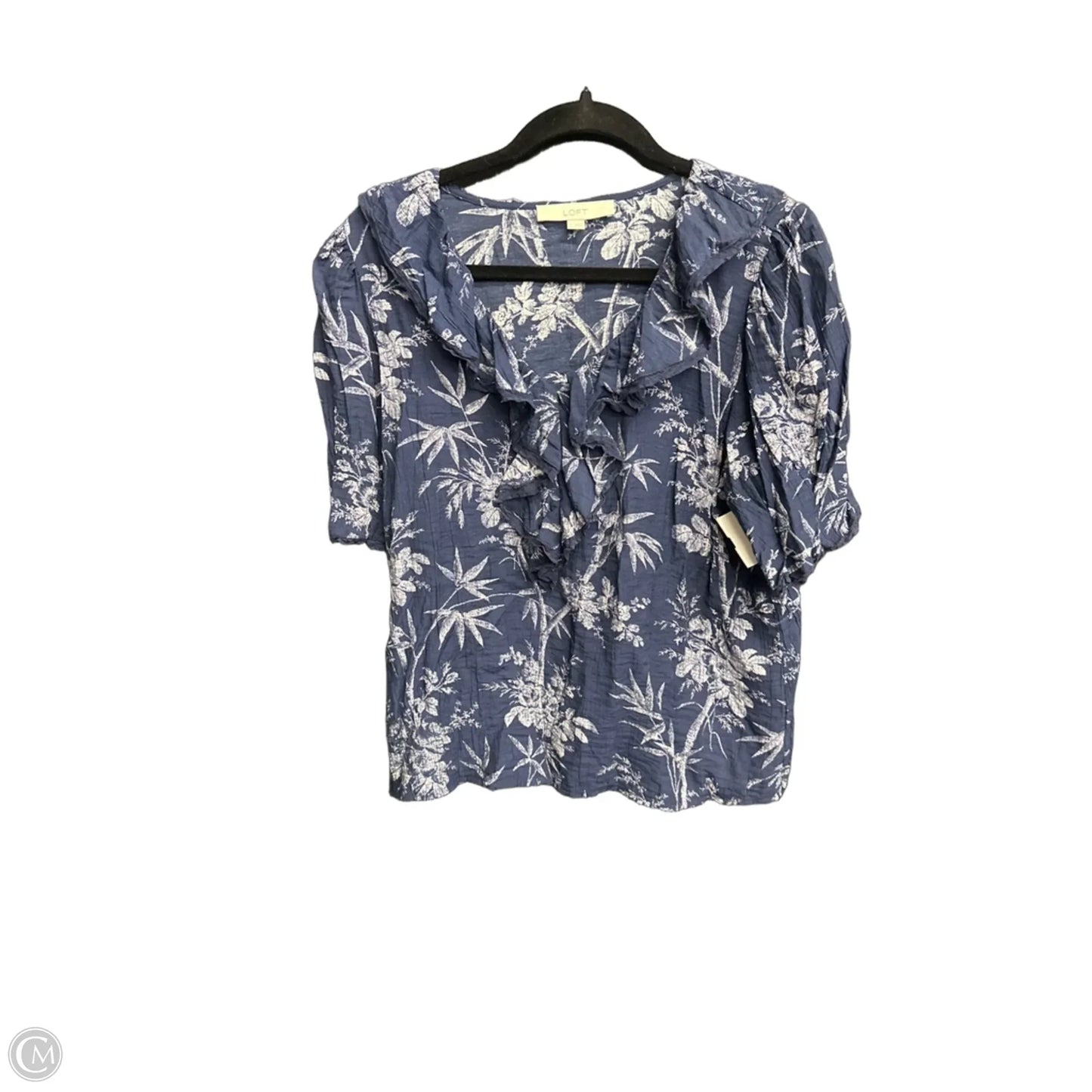Blouse Short Sleeve By Loft In Blue & White, Size: L