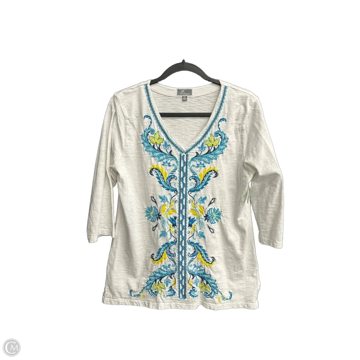 Tunic 3/4 Sleeve By Jm Collections In Blue & White, Size: Lp