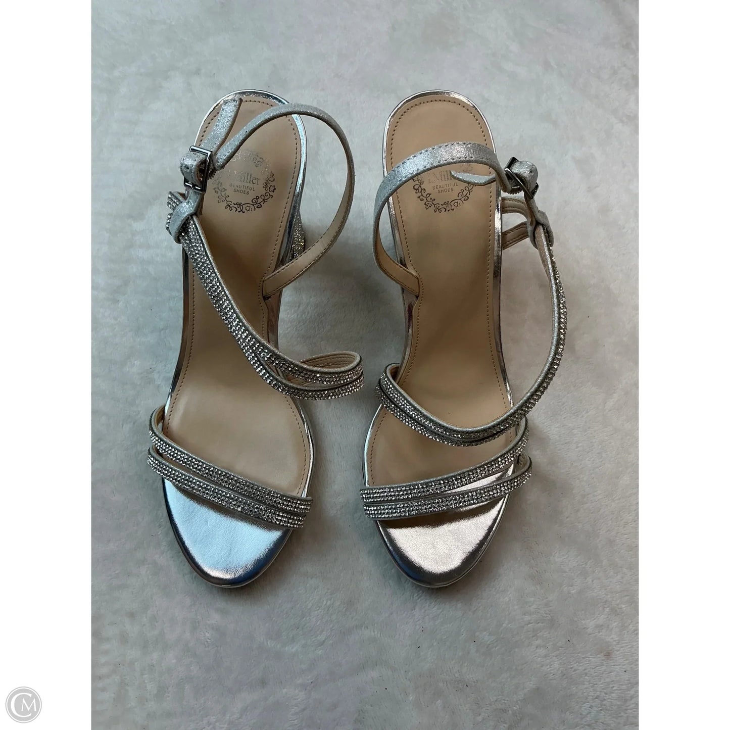 Sandals Heels Block By Clothes Mentor In Silver, Size: 9