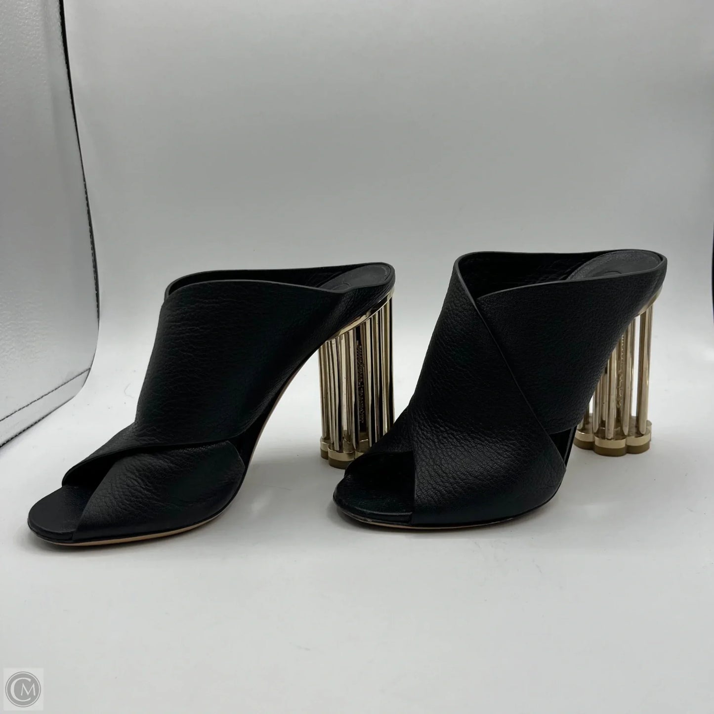 Sandals Luxury Designer By Ferragamo In Black & Gold, Size: 7