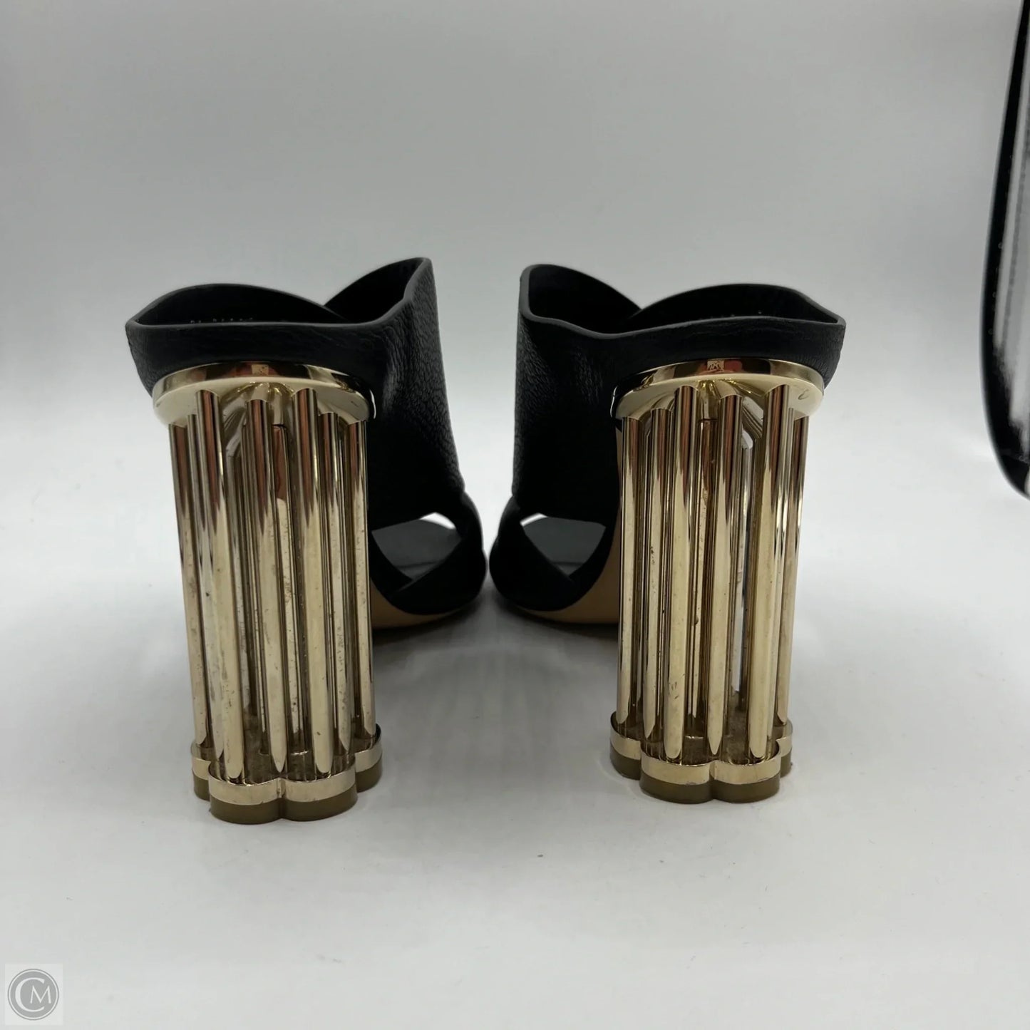 Sandals Luxury Designer By Ferragamo In Black & Gold, Size: 7