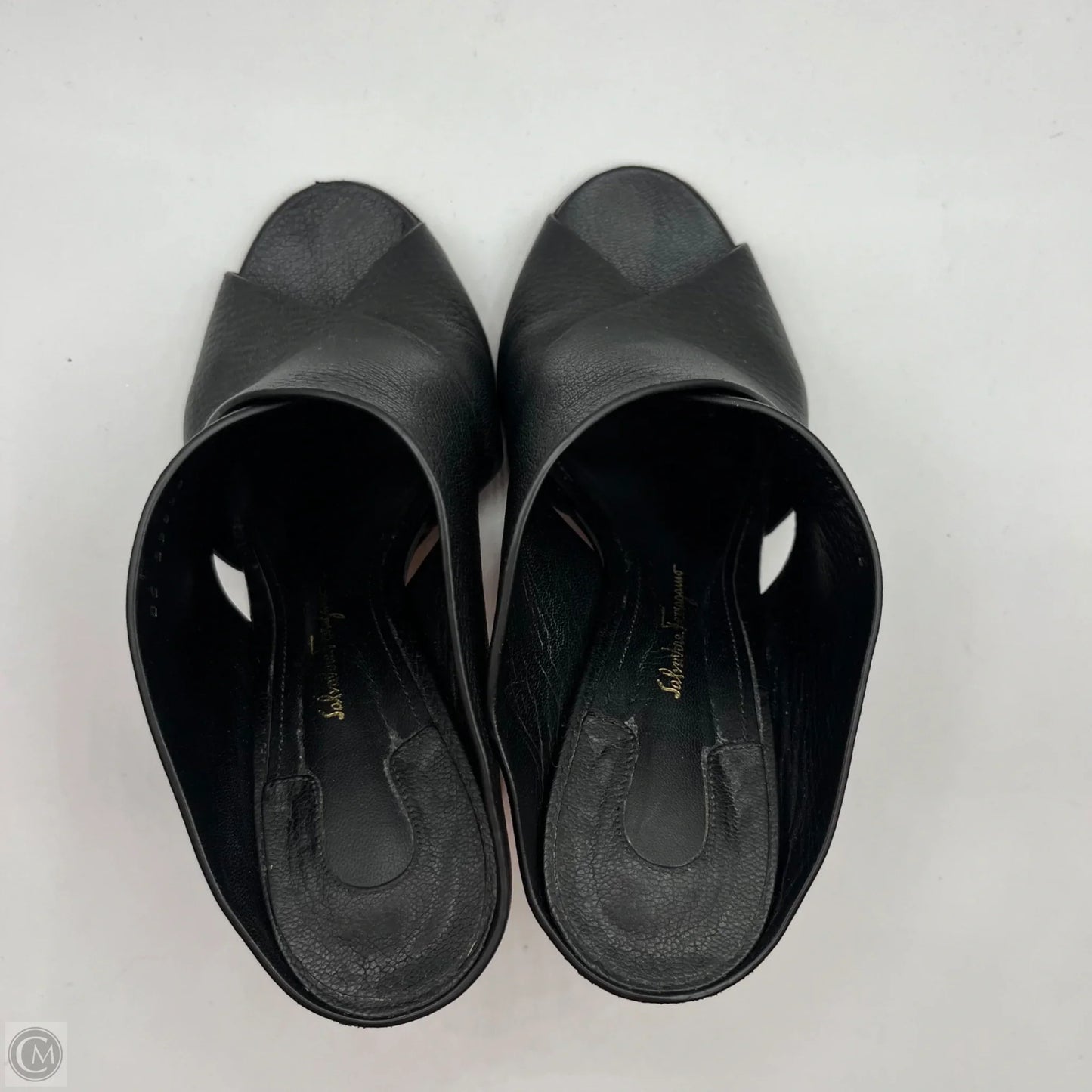 Sandals Luxury Designer By Ferragamo In Black & Gold, Size: 7