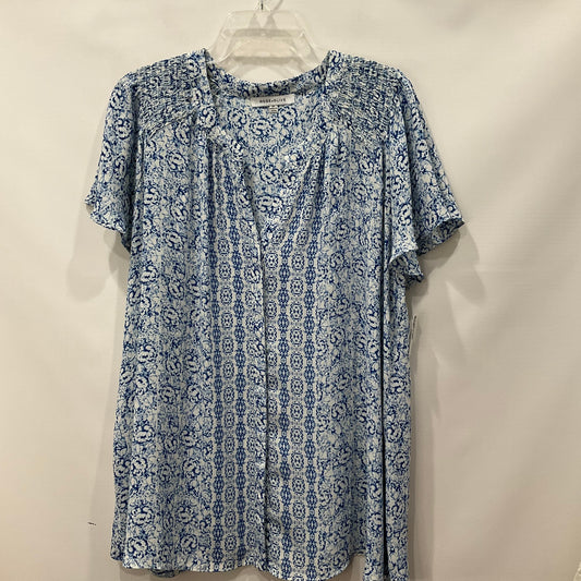 Blue & White Top Short Sleeve Rose And Olive, Size 2x