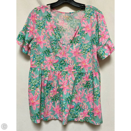 Top Short Sleeve Designer By Lilly Pulitzer In Green & Pink, Size: M