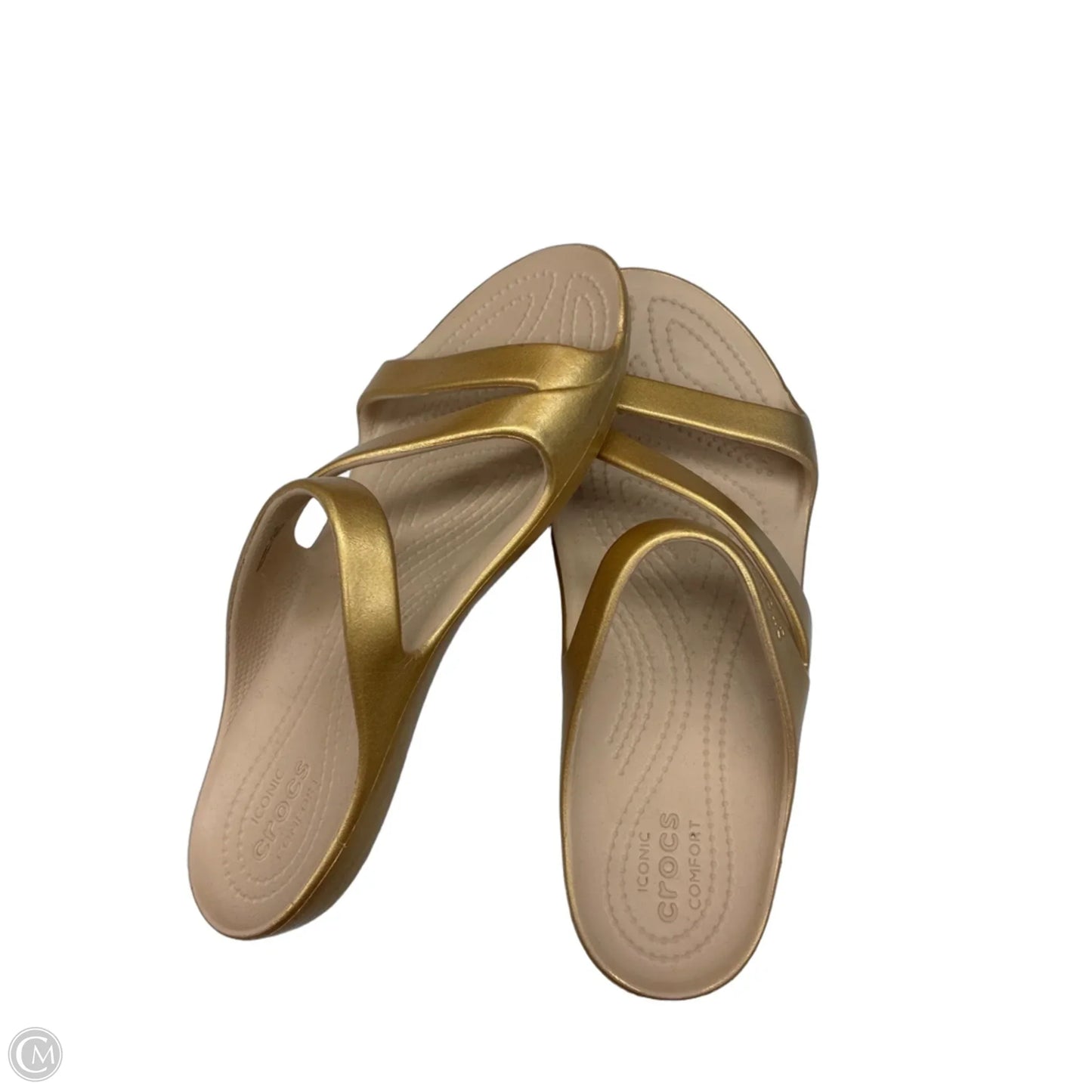 Sandals Flats By Crocs In Gold & Tan, Size: 8