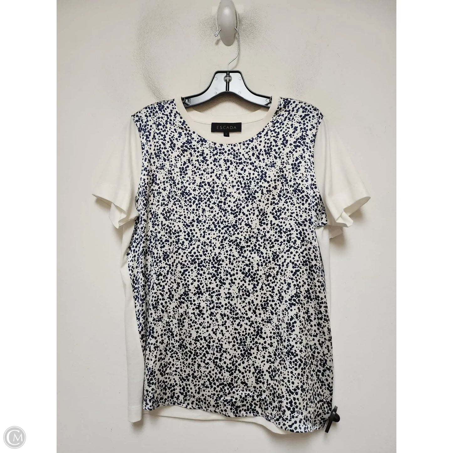 Top Short Sleeve Designer By Escada In Blue & White, Size: S