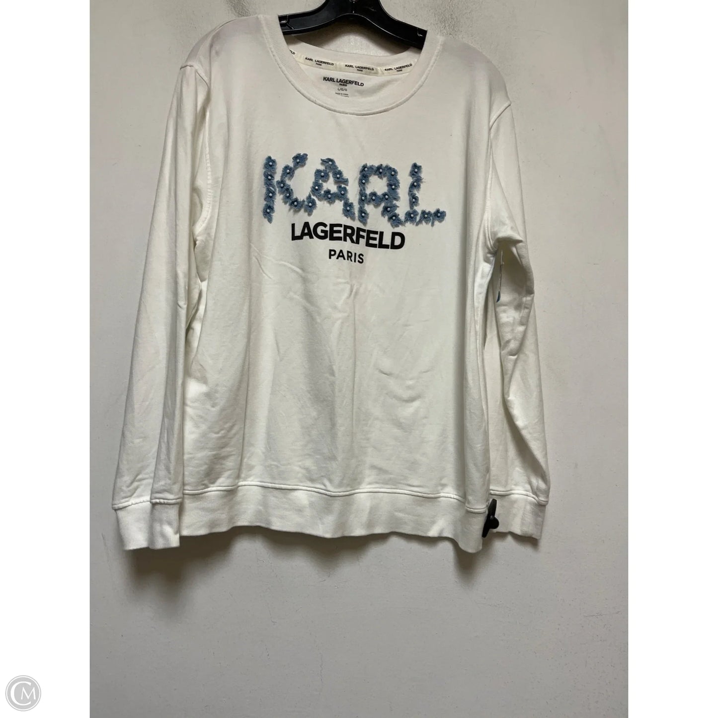 Top Long Sleeve Designer By Karl Lagerfeld In Blue & White, Size: L