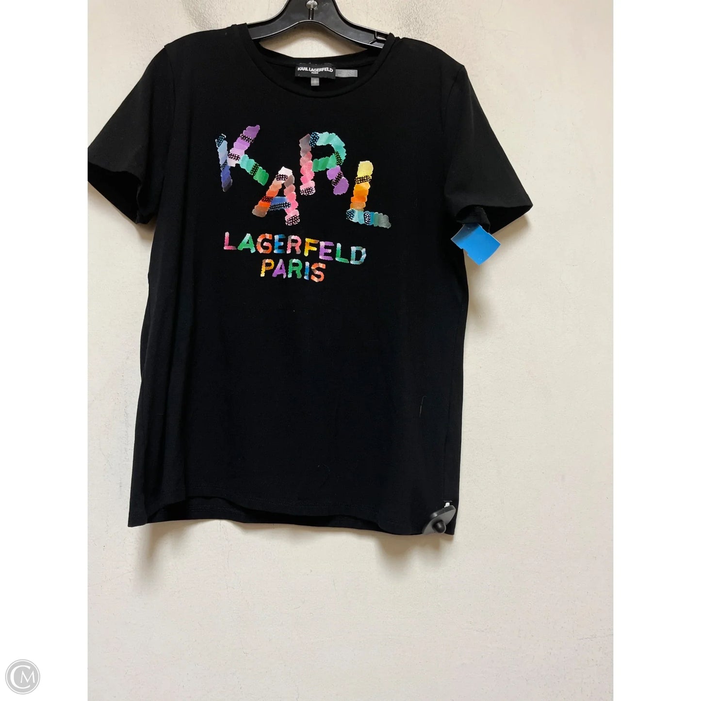 Top Short Sleeve Designer By Karl Lagerfeld In Black, Size: M