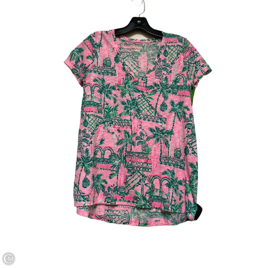 Top Short Sleeve Designer By Lilly Pulitzer In Green & Pink, Size: S