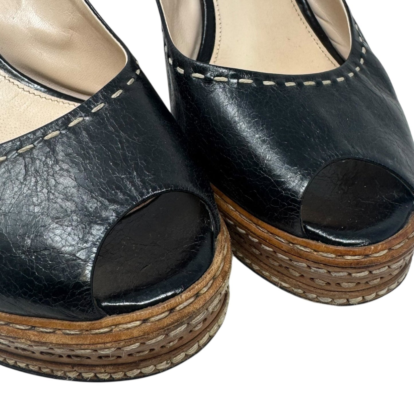 Whipstick Slingback Peep Toe Heels Shoes Luxury Designer By Prada In Black, Size: 8