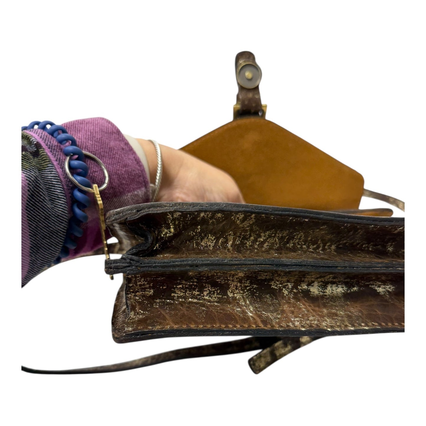 Crossbody Designer By Patricia Nash In Brown & Gold, Size:Small