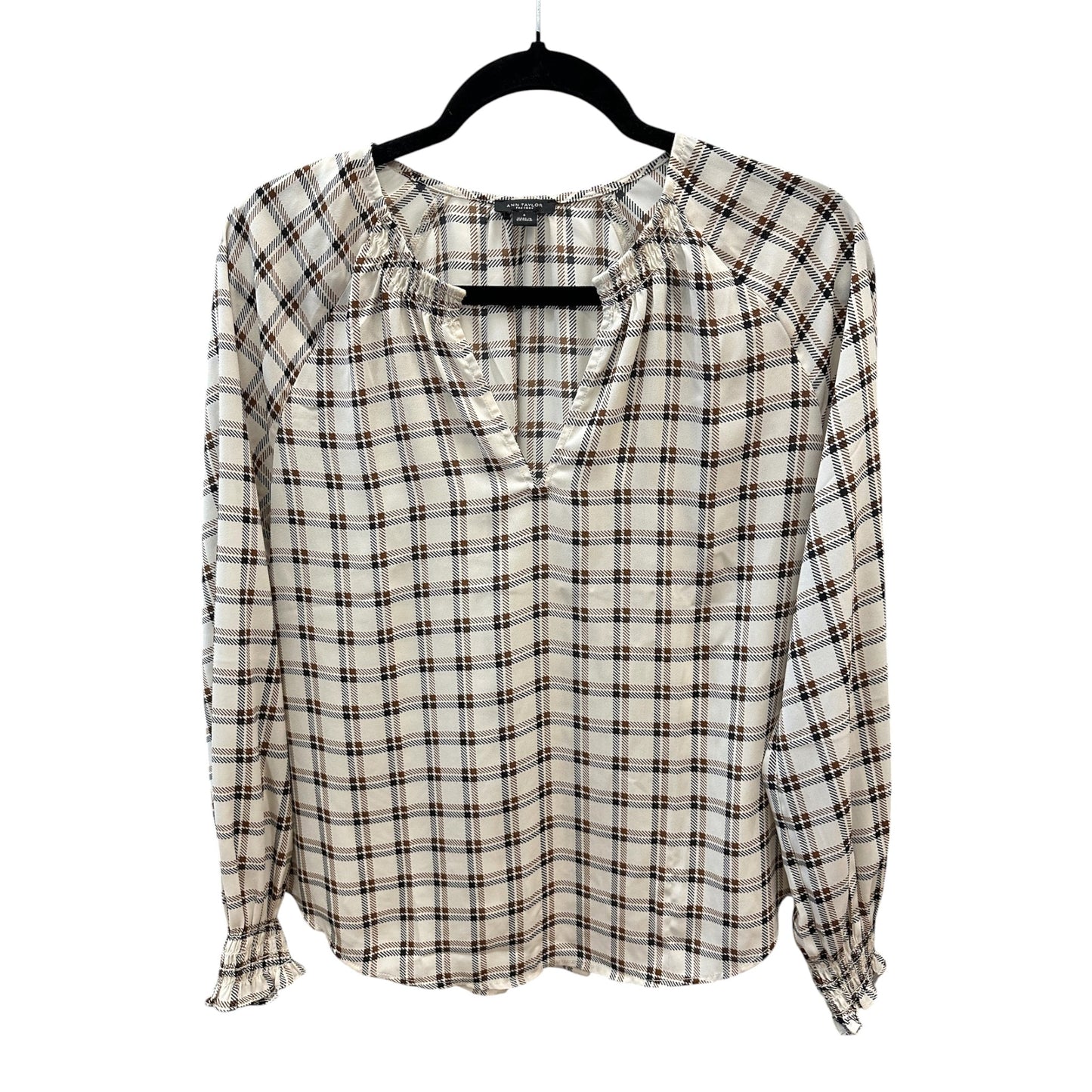 Blouse Ls By Loft In Checkered Pattern, Size:S