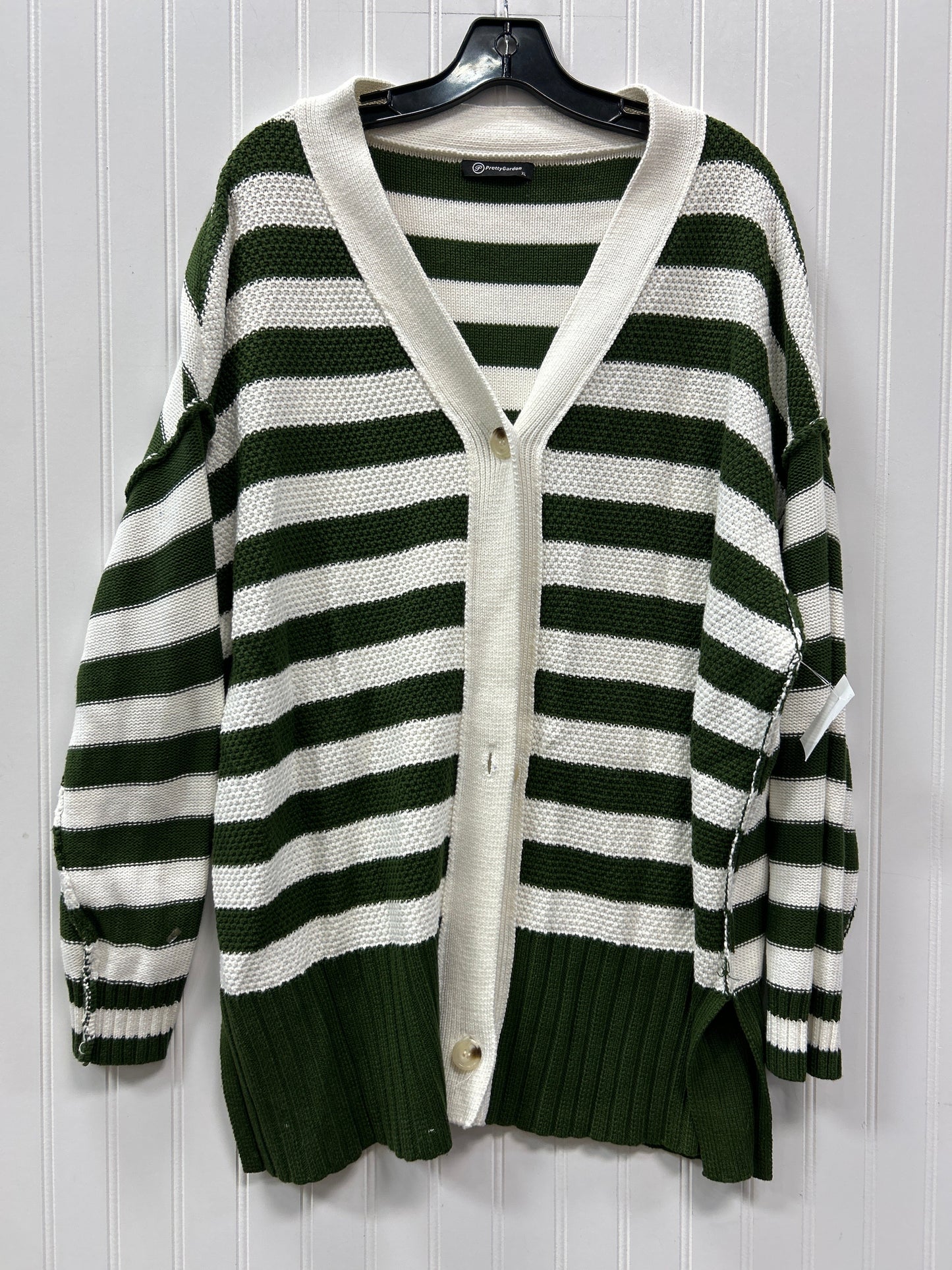 Sweater Cardigan By Prettygarden In Green & White, Size:Xl