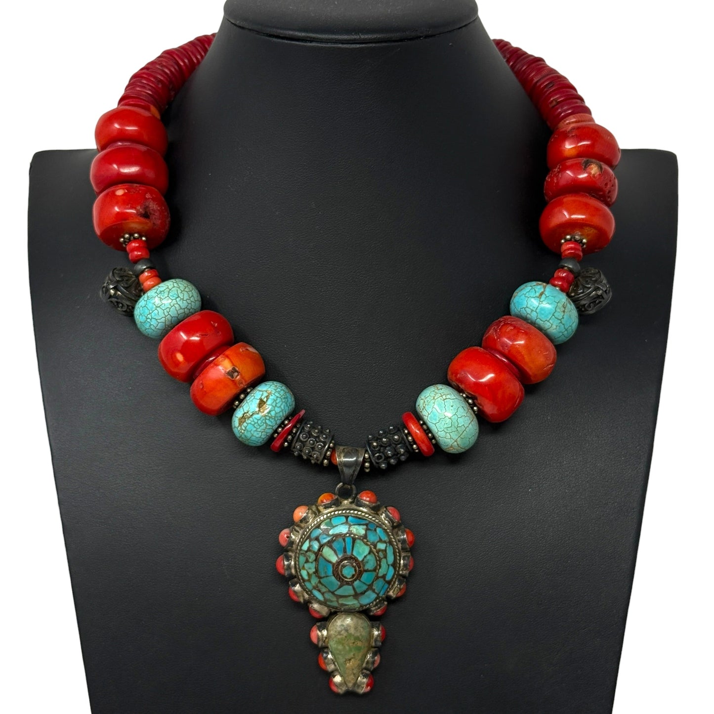 Himalayan Tibetan Sterling Silver, Turquoise & Coral Beaded Statement Necklace