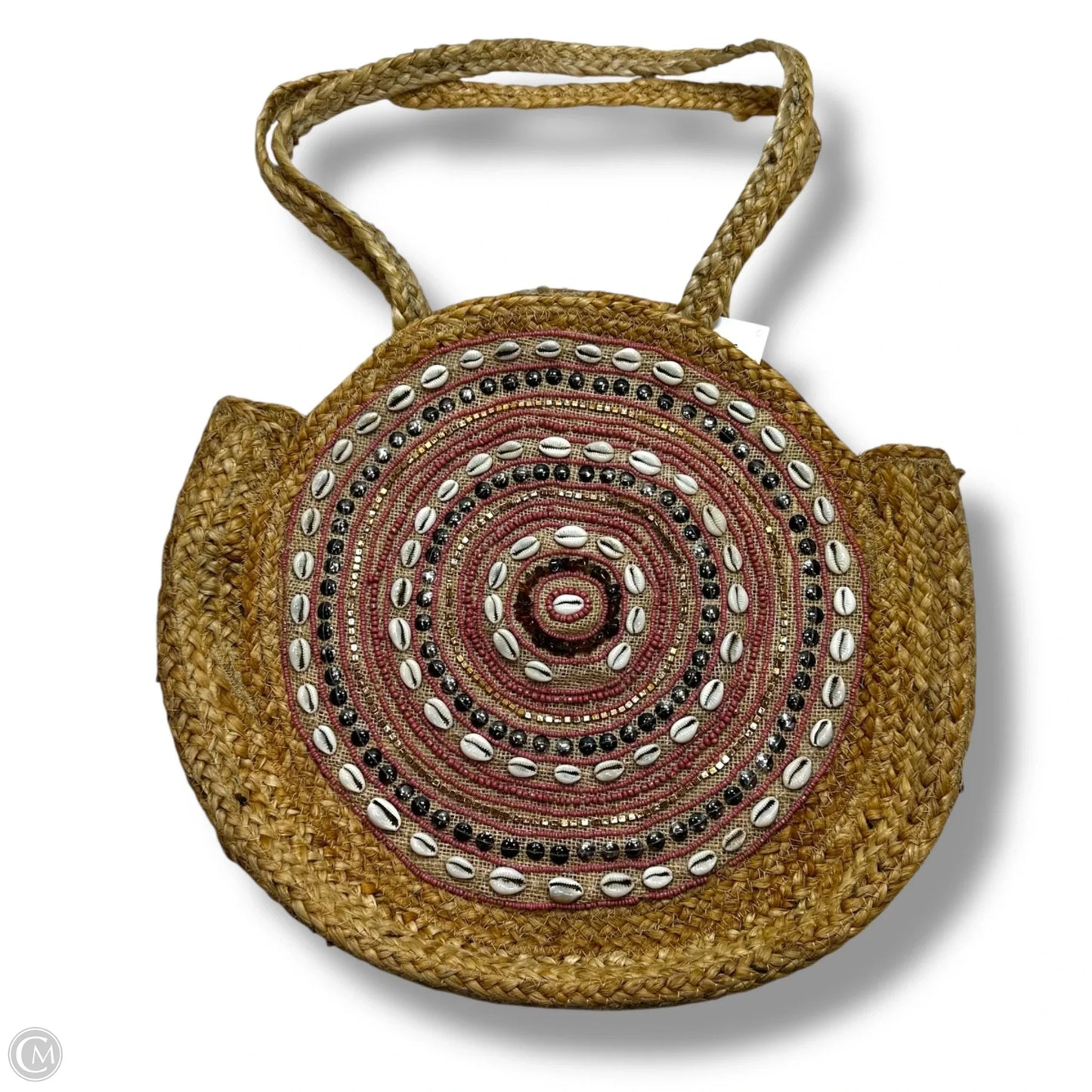Jute Bohemian Woven Shell Beaded Round Straw Shoulder Bag By Antik Kraft, Size: Medium