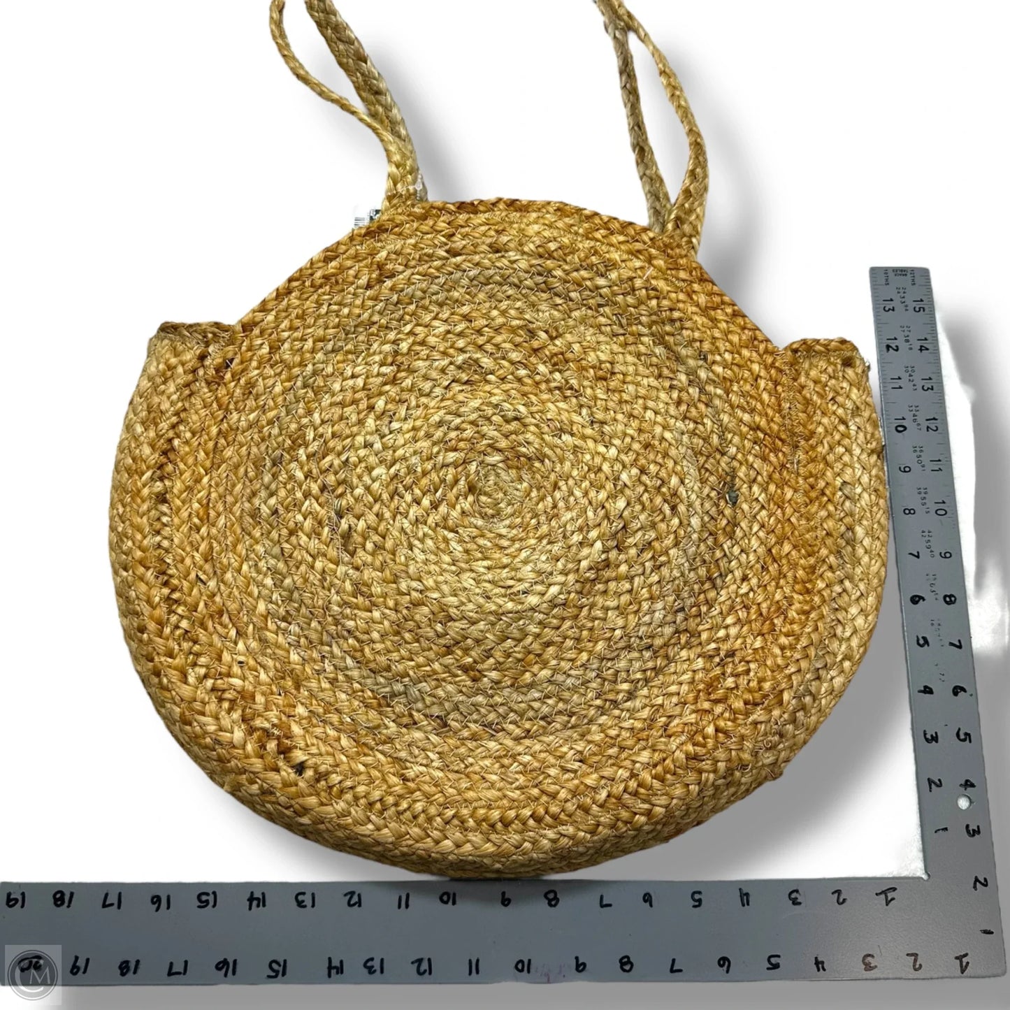 Jute Bohemian Woven Shell Beaded Round Straw Shoulder Bag By Antik Kraft, Size: Medium