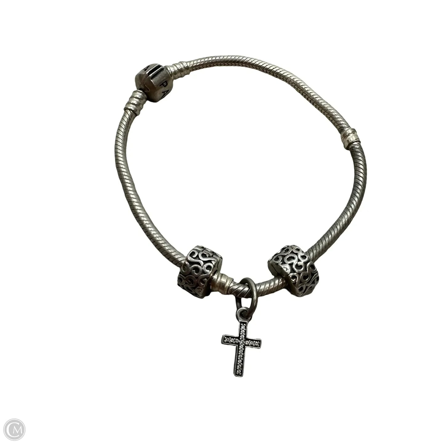 8 inch Sterling silver charm Bracelet with cross charm & 2 spacer beads By Pandora