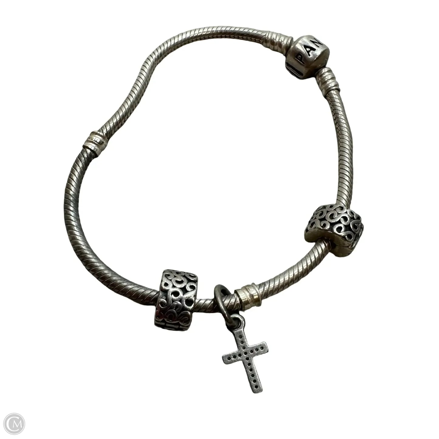 8 inch Sterling silver charm Bracelet with cross charm & 2 spacer beads By Pandora