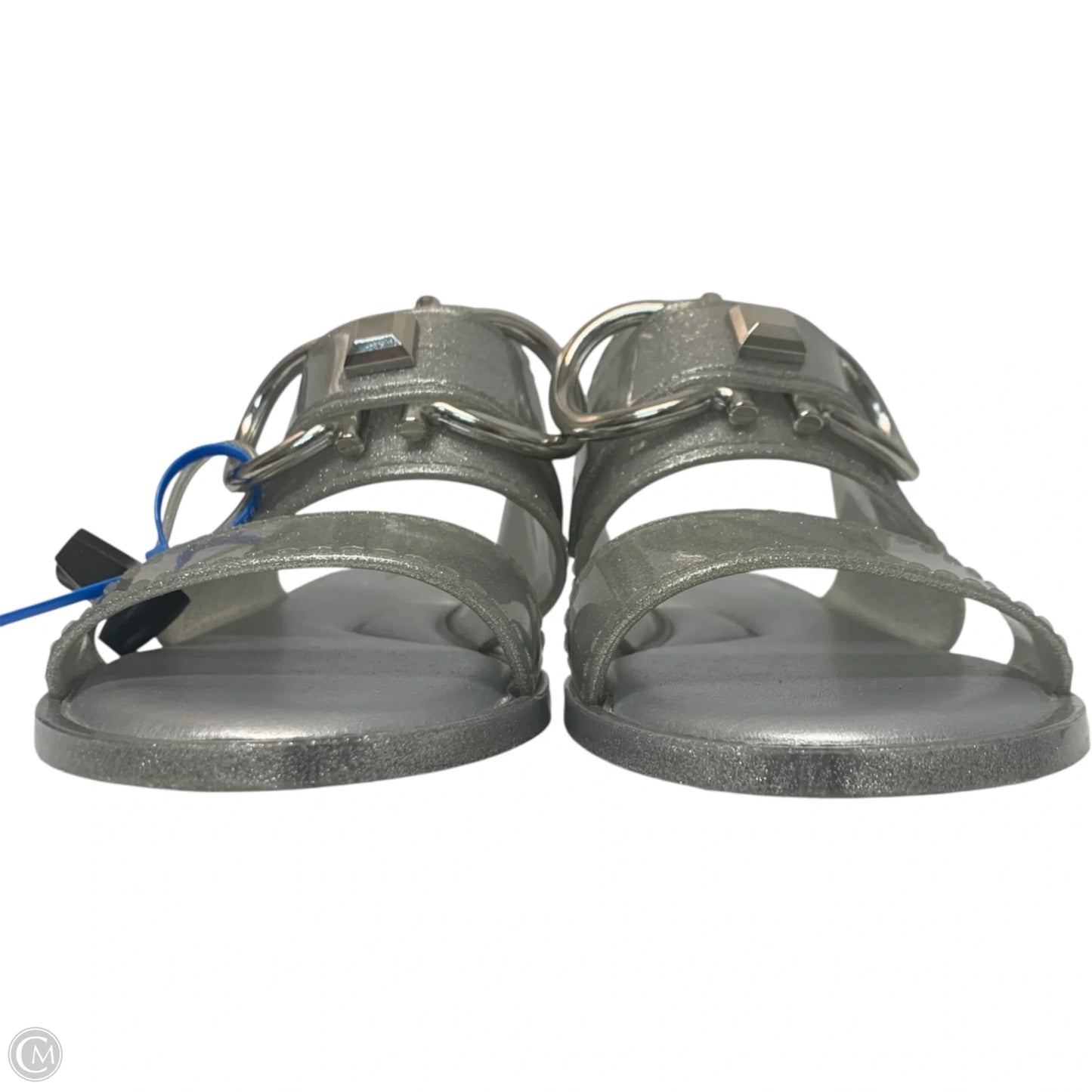 Sandals Luxury Designer By Ferragamo In Silver, Size: 11
