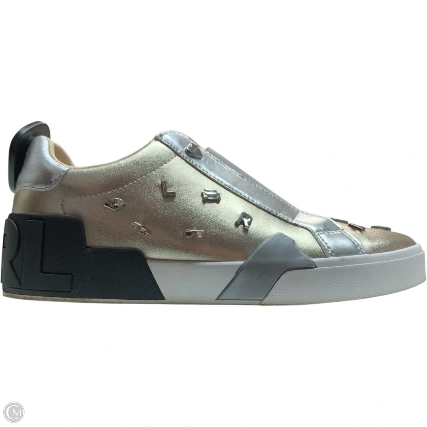 Shoes Designer By Karl Lagerfeld In Gold & Silver, Size: 8