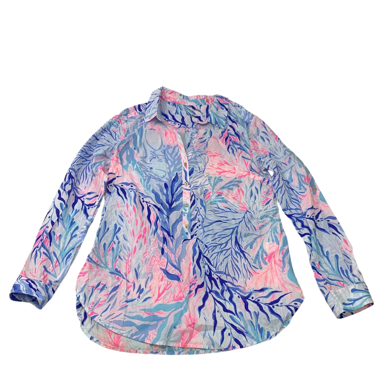 Top Long Sleeve Designer By Lilly Pulitzer In Blue & Pink, Size: M