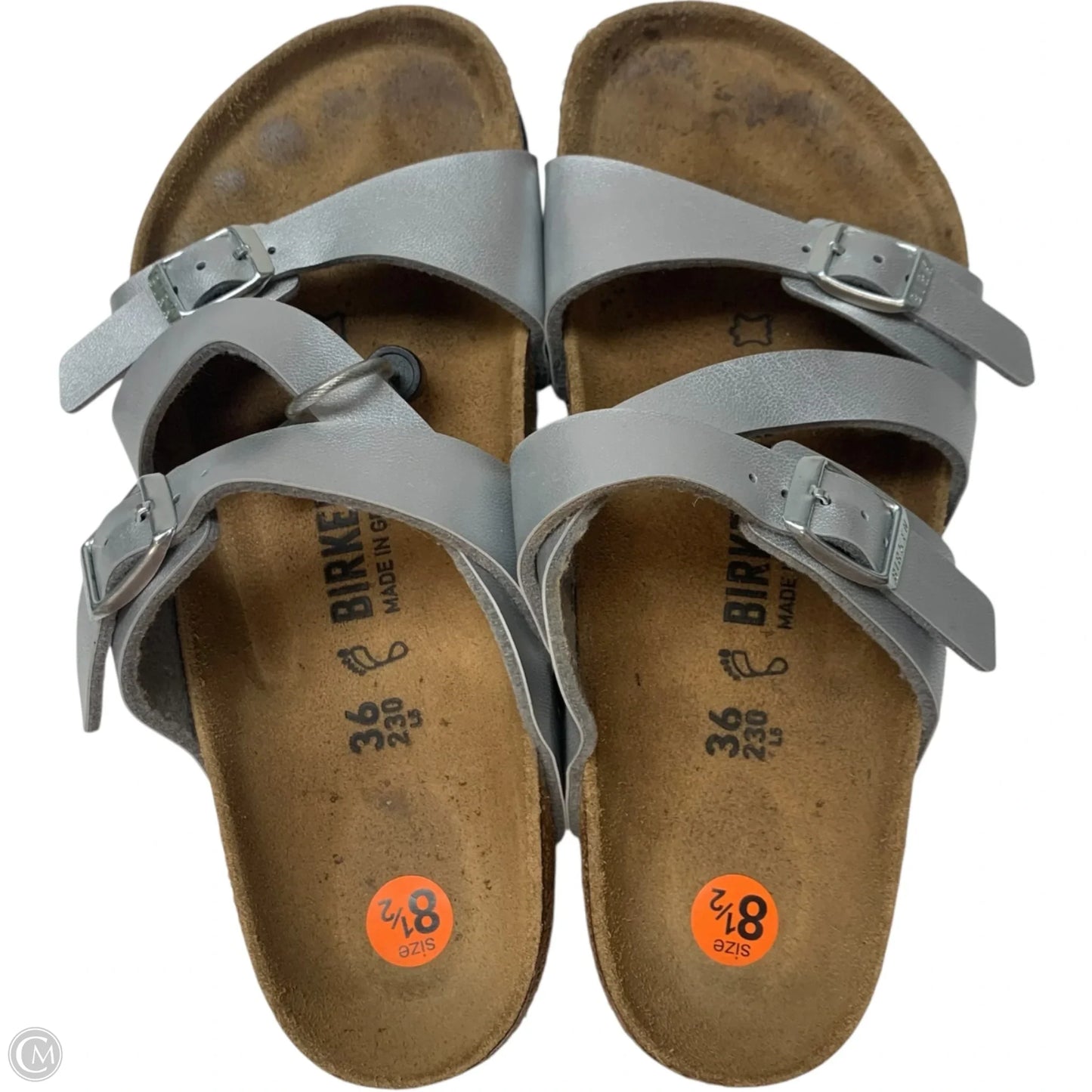 Sandals Flats By Birkenstock In Silver, Size: 8.5