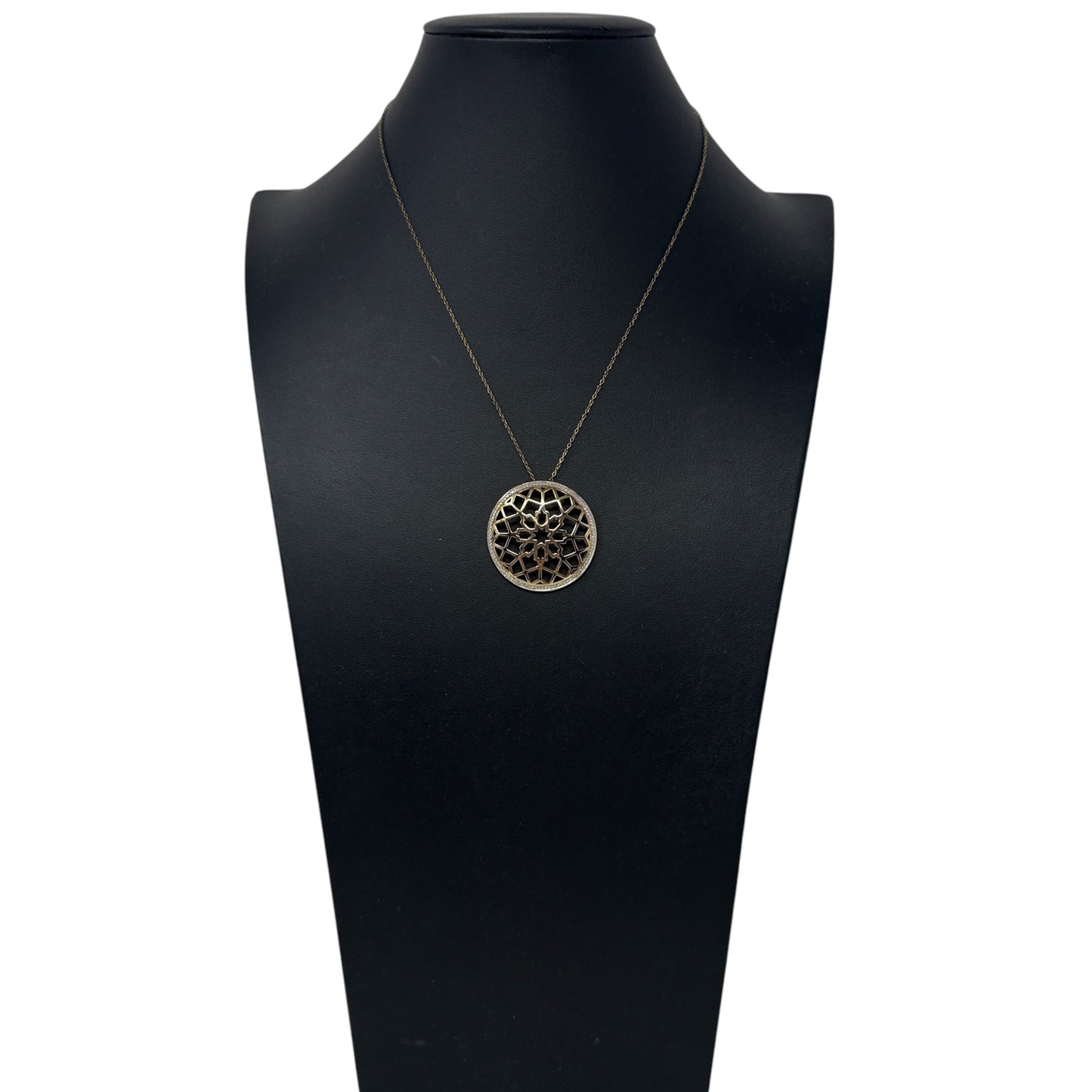 18k Yellow Gold Plated
Sterling Silver Two Tone Filigree Openwork Medallion Pendant Necklace By Morgan & Paige
