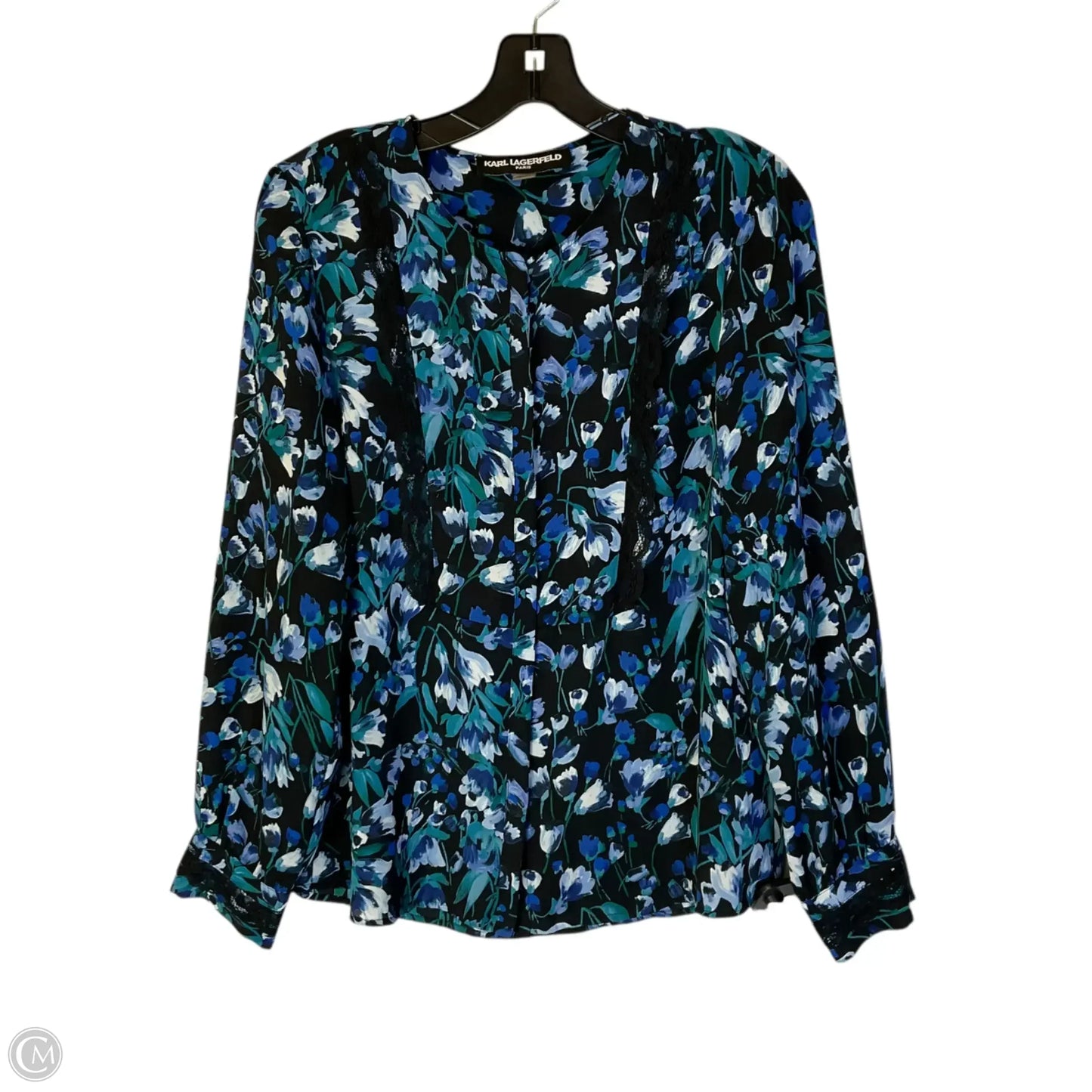 Top Long Sleeve Designer By Karl Lagerfeld In Black & Blue, Size: M