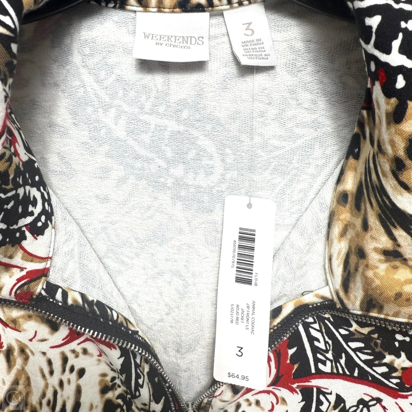 Zip Front Jacket By Chicos In Animal Cognac Rojo Red, Size: Xl