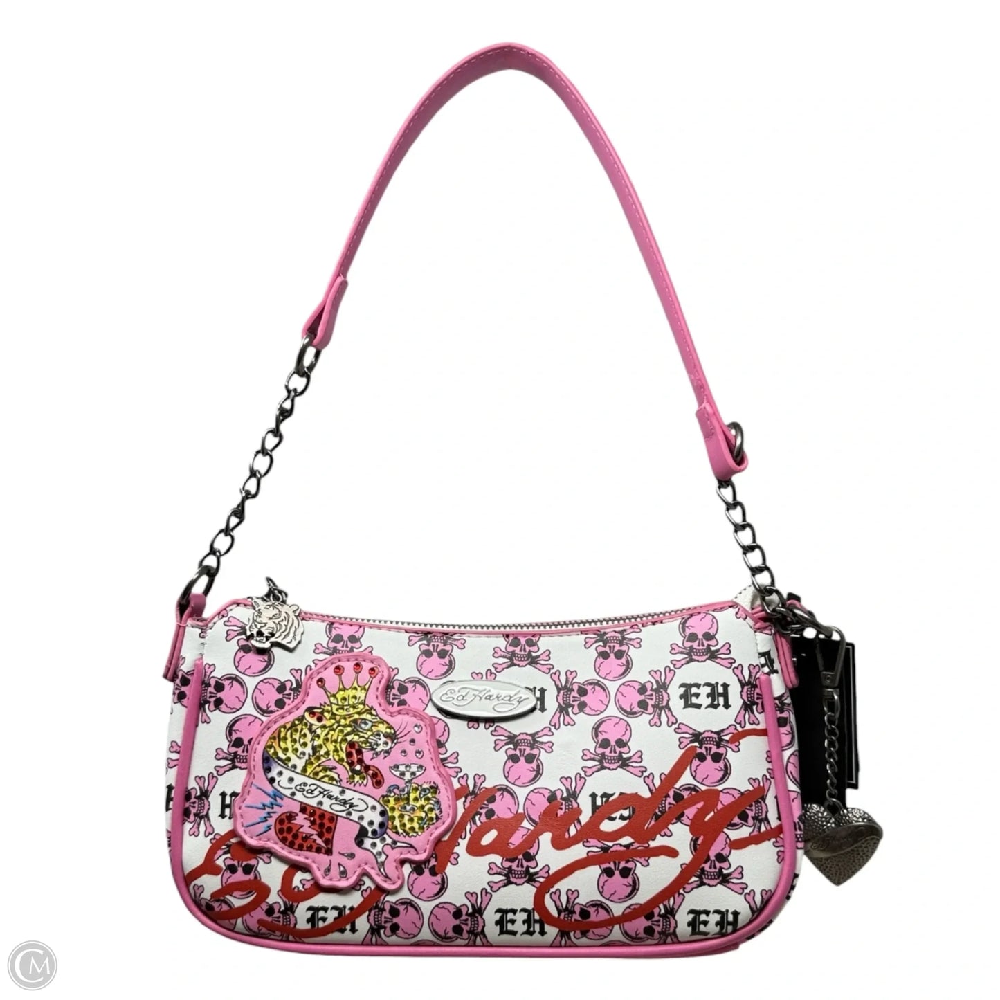 Pink Skull Tiger Shoulder Bag By Ed Hardy, Size: Small