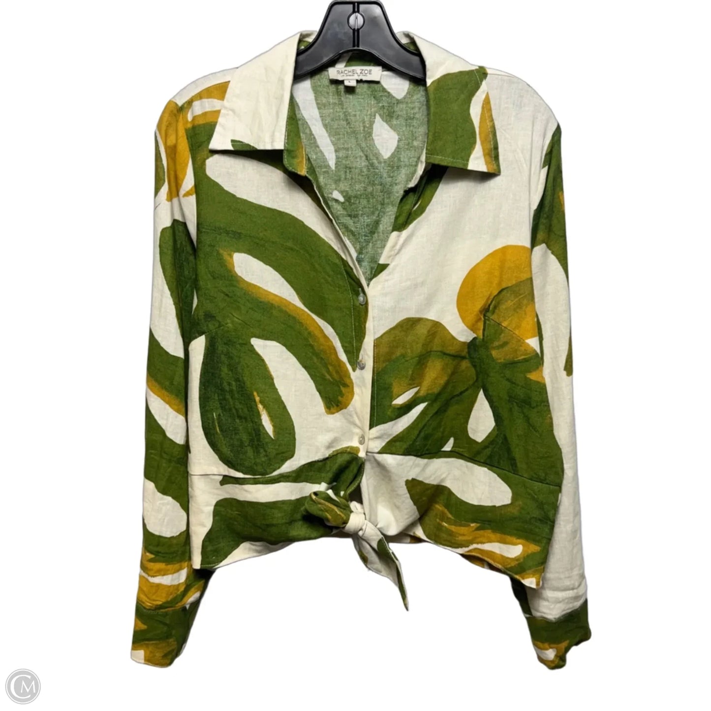 Linen Blend Top Long Sleeve By Rachel Zoe In Cream & Green, Size: L