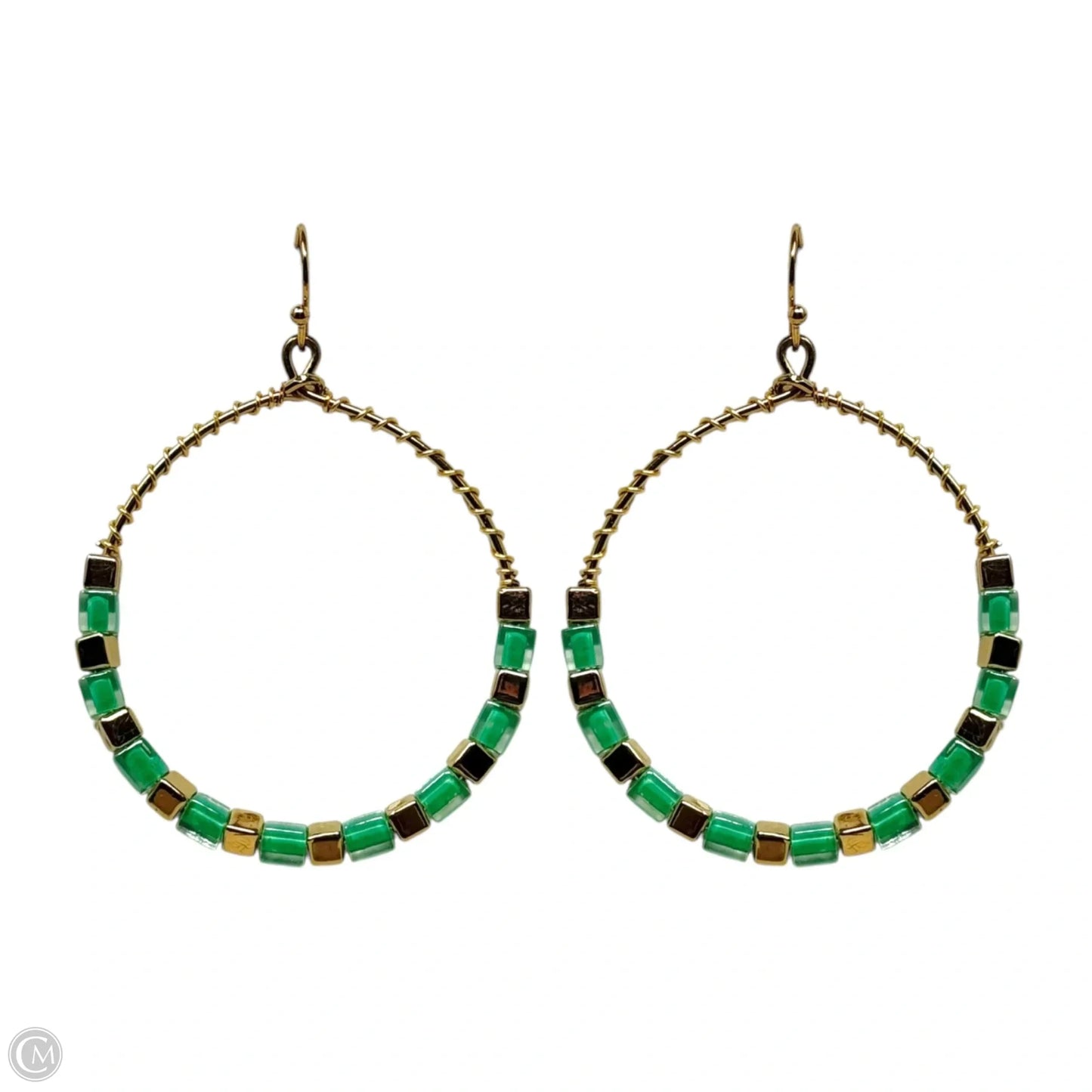 Gold & Green Bead Wrapped Dangle Earrings