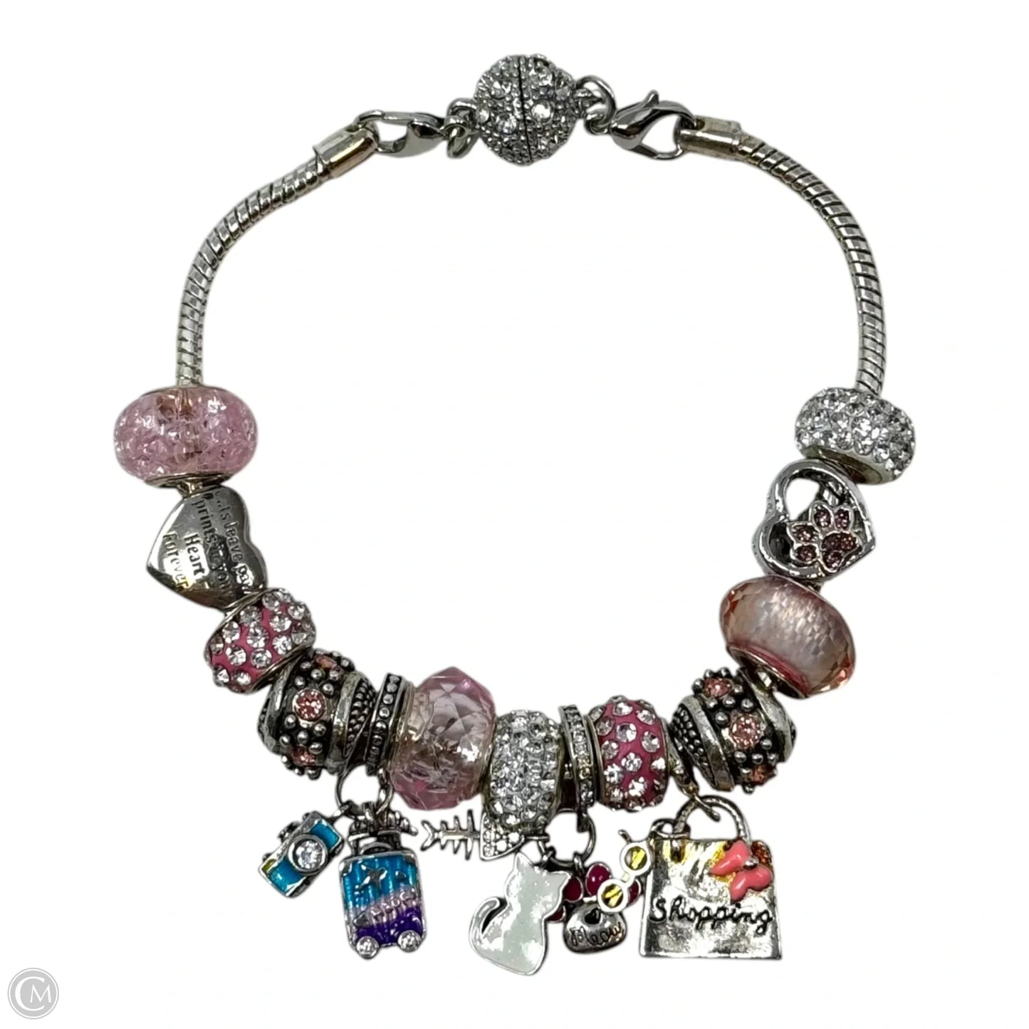 Cat Themed Pink & Silver Tone Charm Bracelet