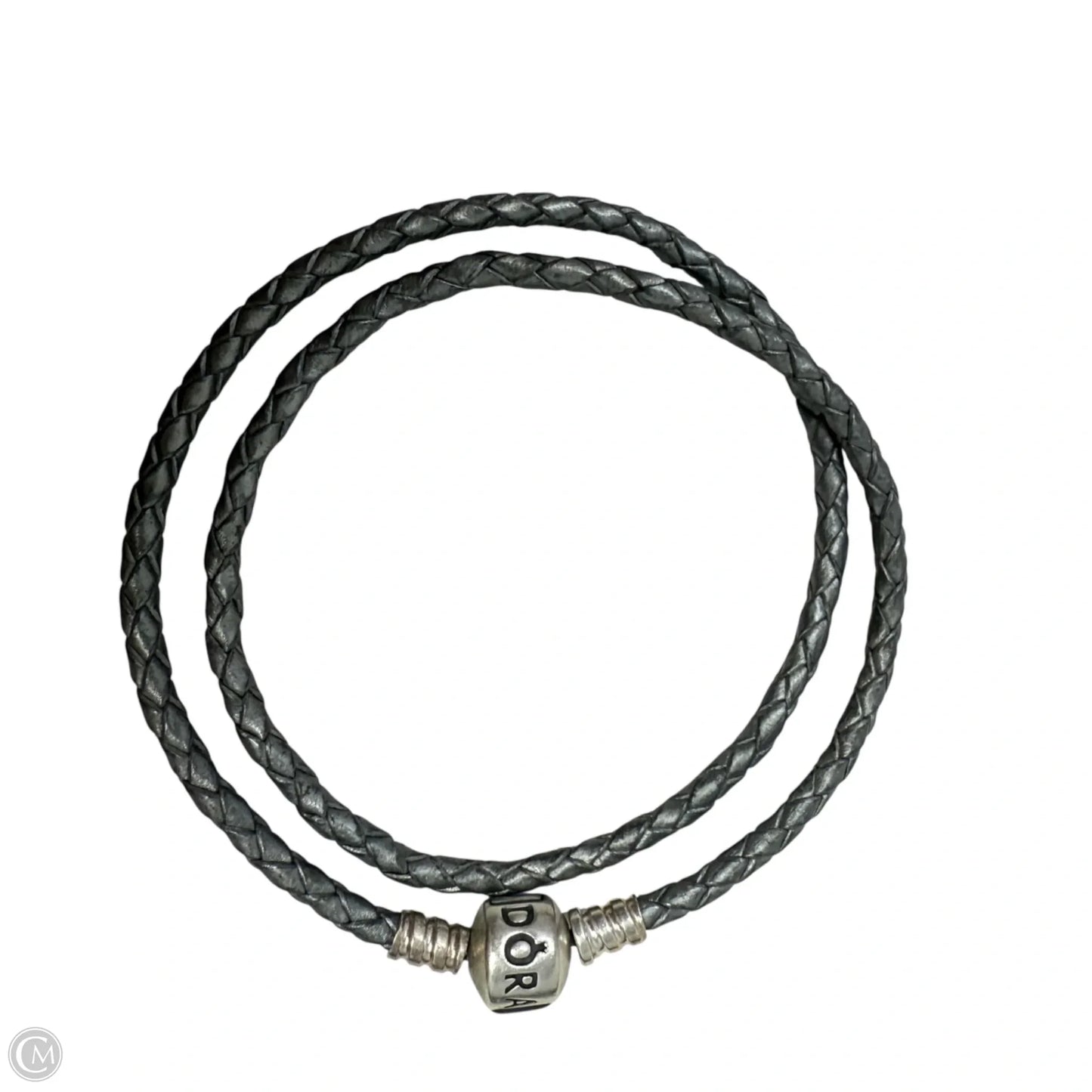 Sterling Silver & Braided Leather Double Bracelet with Barrel Clasp In Silver-Grey By Pandora
