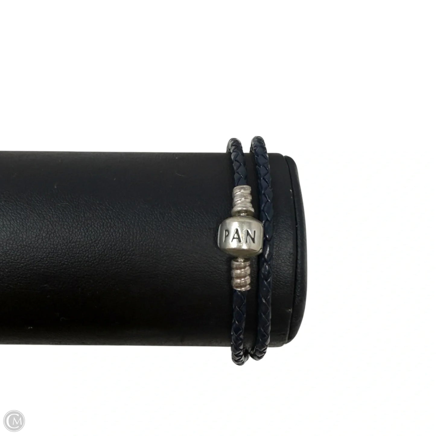 Sterling Silver & Braided Leather Double Bracelet with Barrel Clasp In Navy By Pandora