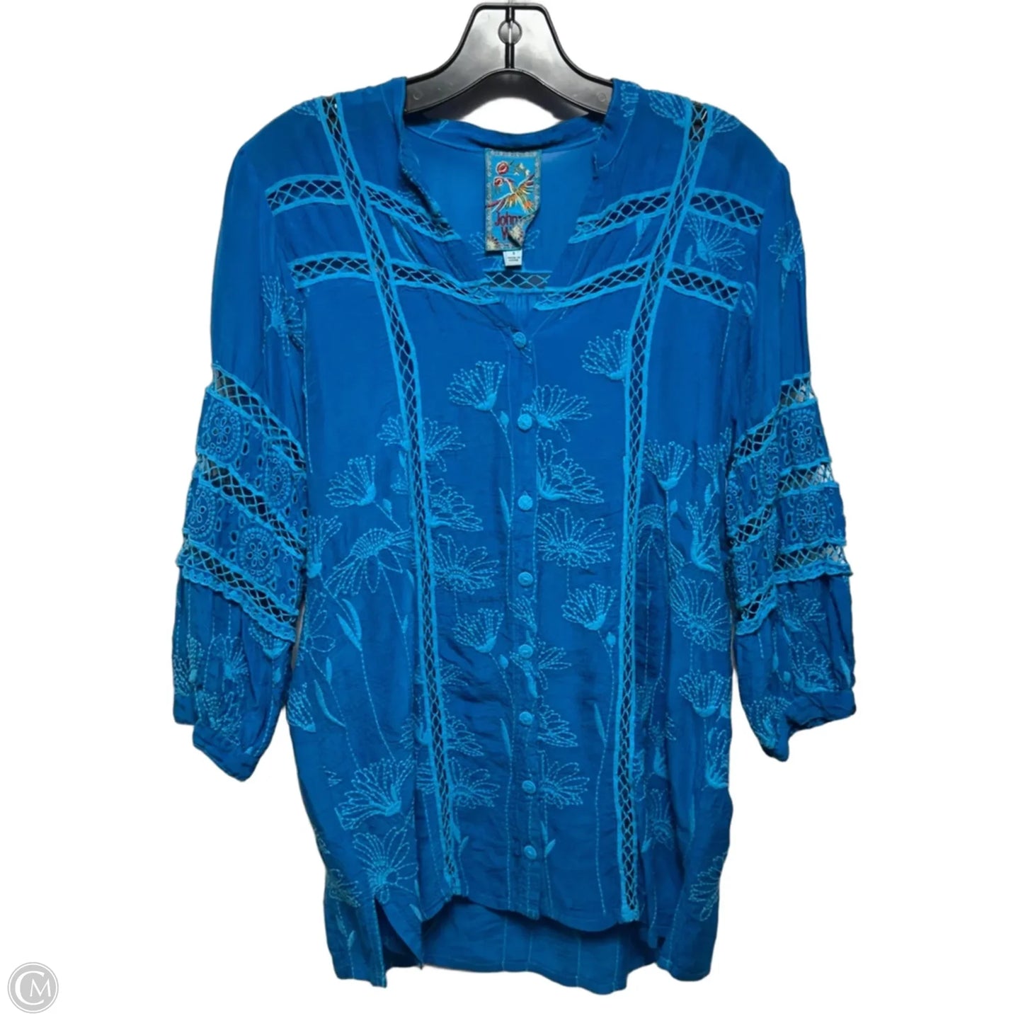 Embroidered Tunic 3/4 Sleeve By Johnny Was In Blue, Size: S