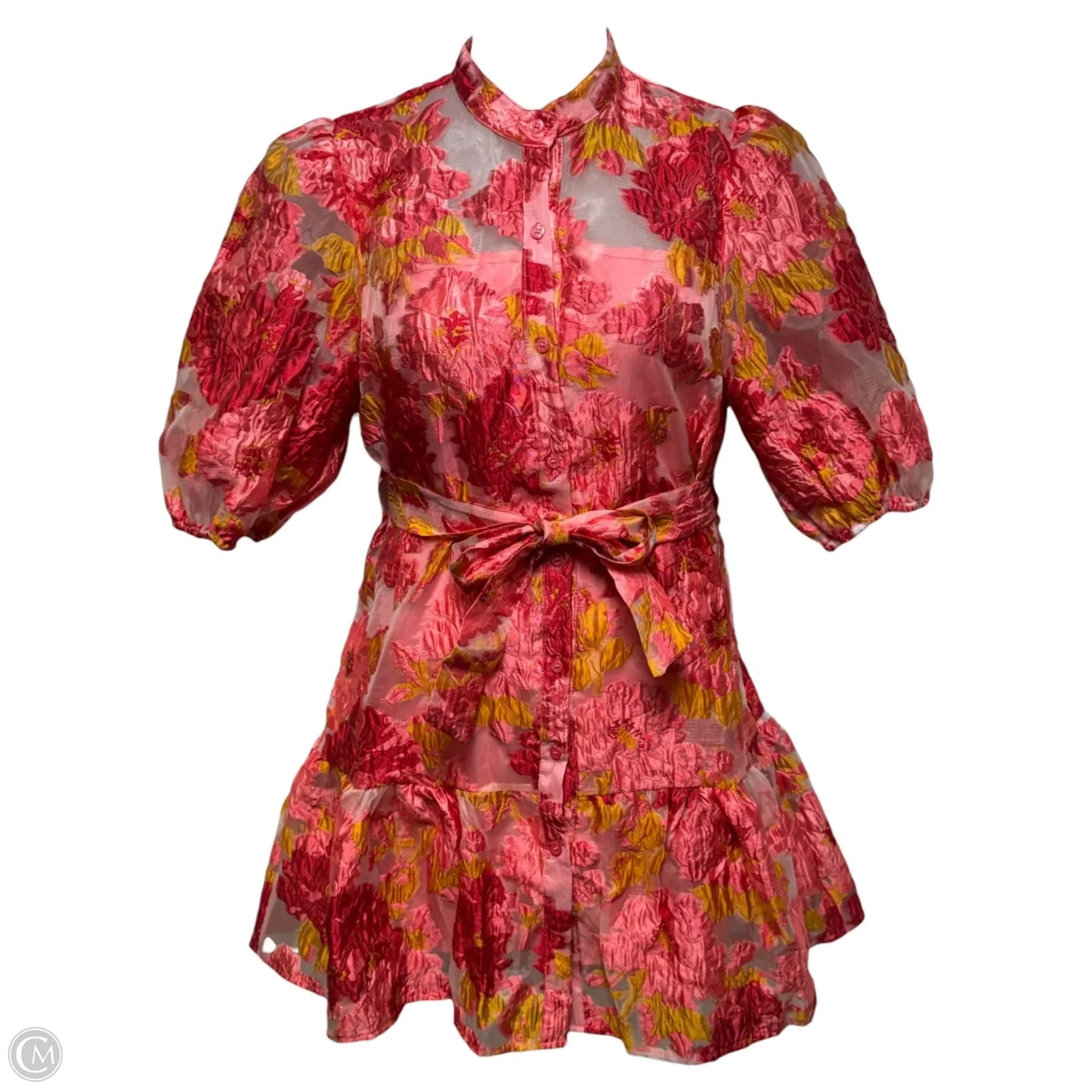 Floral Jacquard Puff Sleeve Organza Belted Dolly Dress By Chicwish In Pink, Size: S