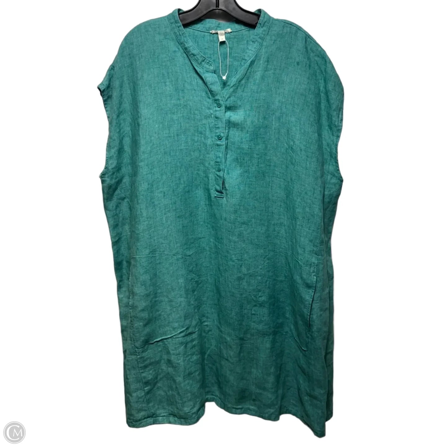 Organic Linen Dress Casual Short By Eileen Fisher In Teal, Size: 2x