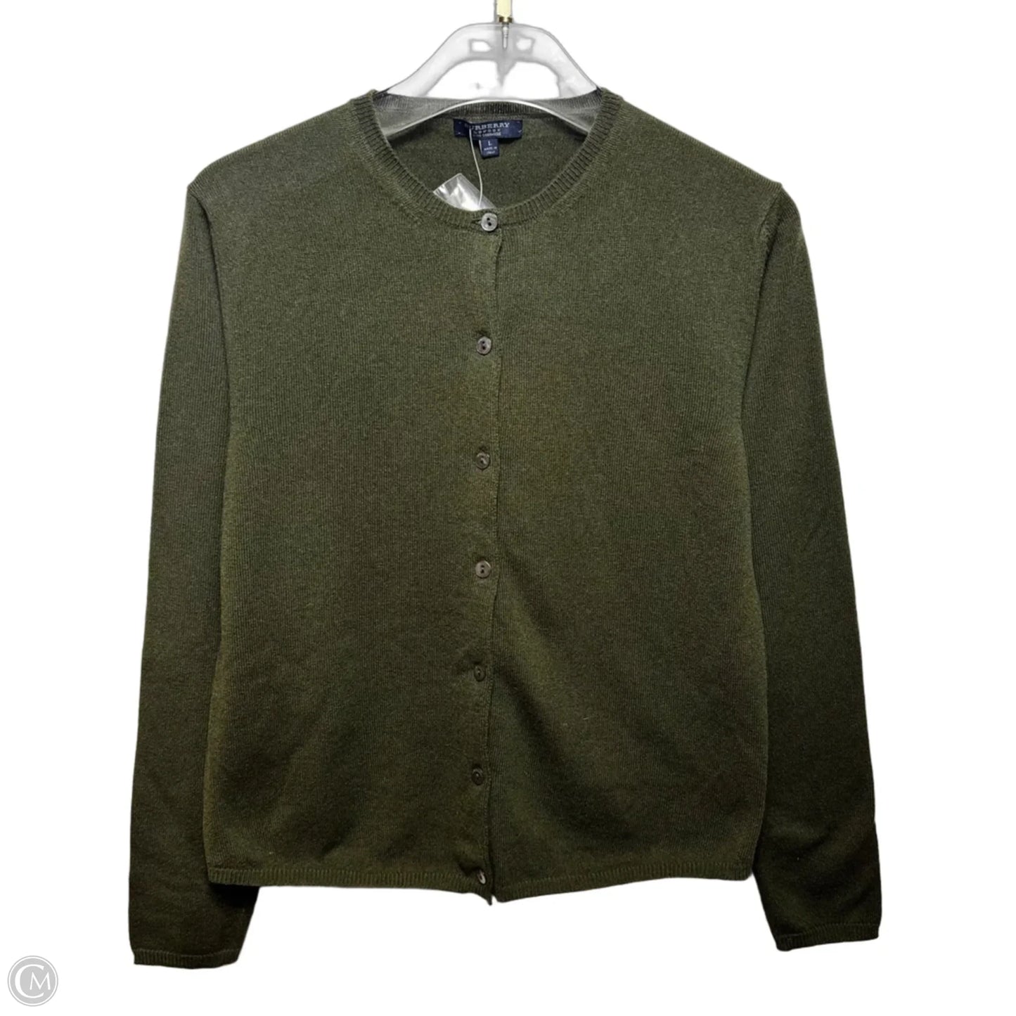 100% Cashmere Sweater Cardigan Luxury Designer By Burberry In Green, Size: L