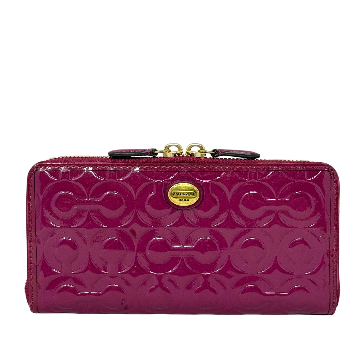 Peyton Op Art Embossed Patent Leather Wallet Designer By Coach In Brass/Passion Berry, Size: Large