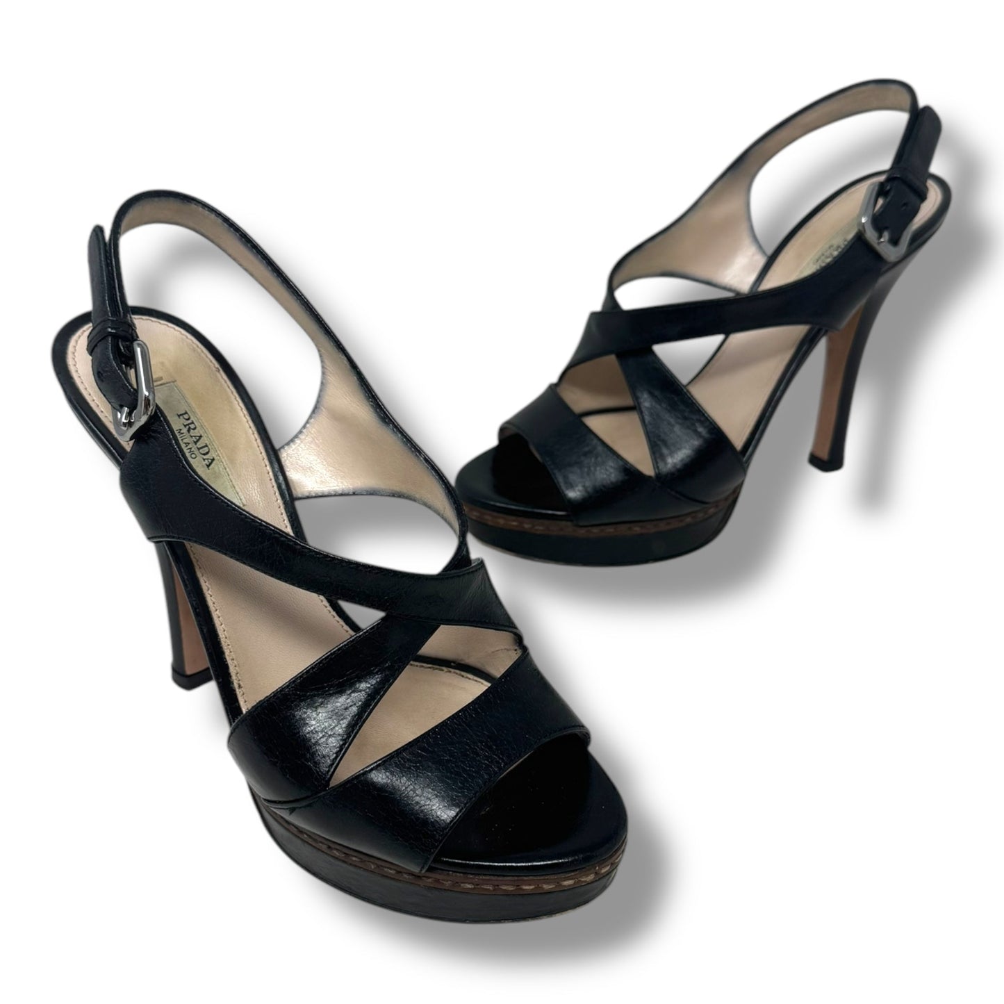 Vitello Shine Slingback Platform Sandals Luxury Designer By Prada In Black, Size: US 6.5/IT 36.5