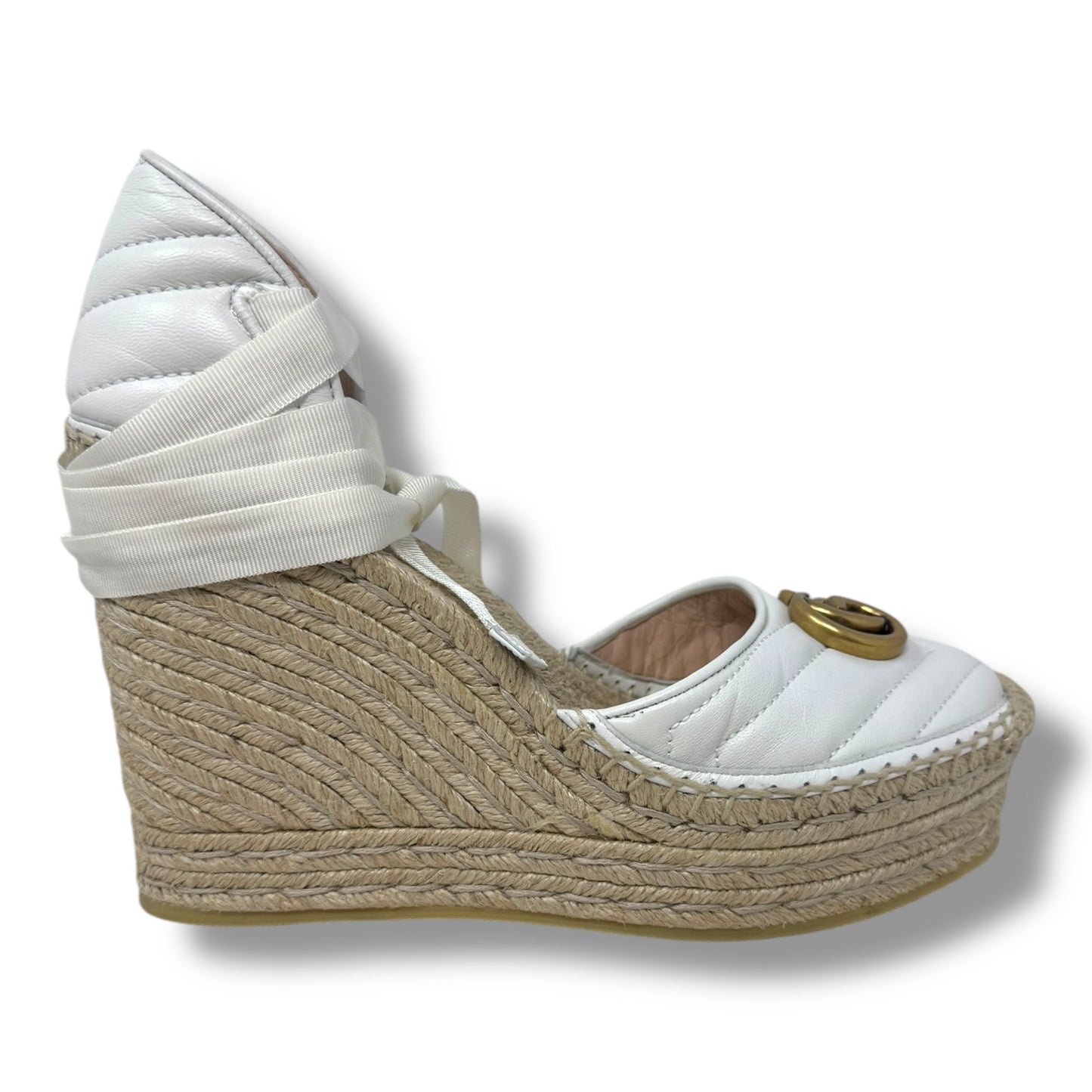 GG Logo Quilted Leather Wrap Espadrille Wedge Shoes Luxury Designer By Gucci In White, Size: 9