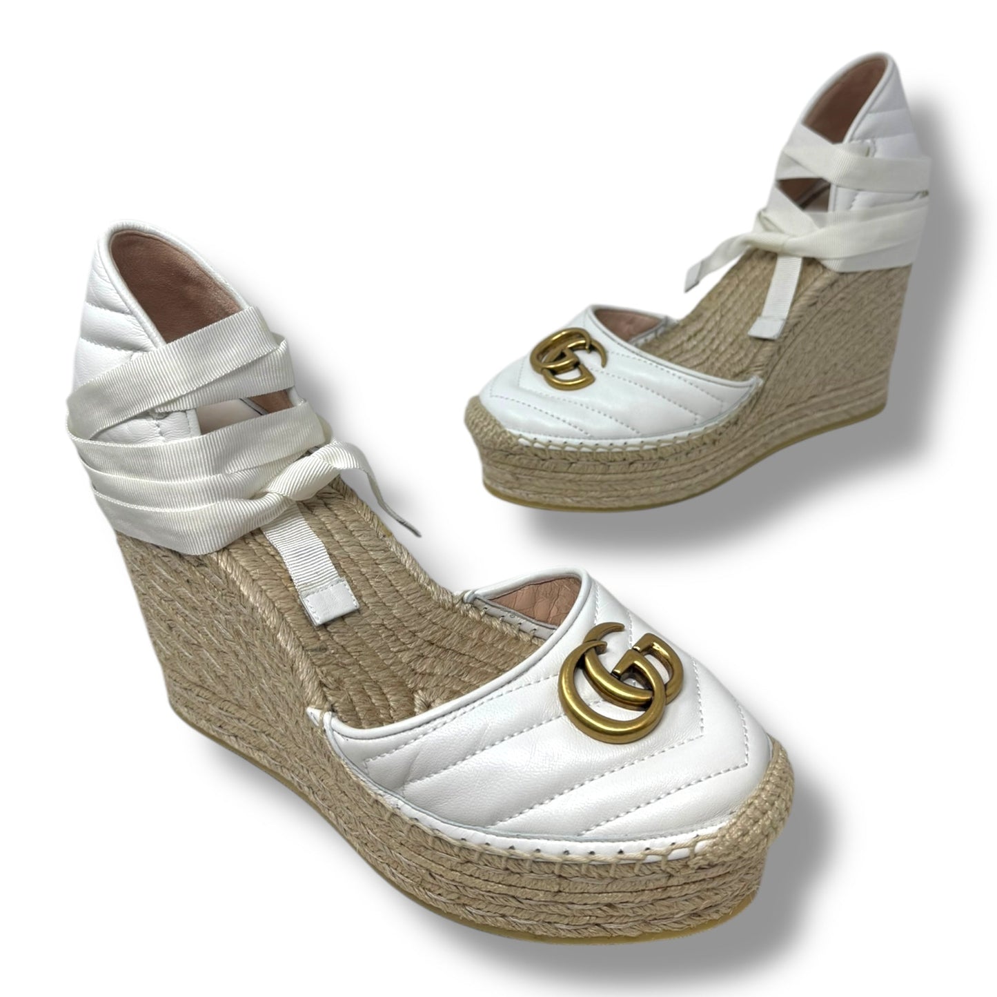 GG Logo Quilted Leather Wrap Espadrille Wedge Shoes Luxury Designer By Gucci In White, Size: 9