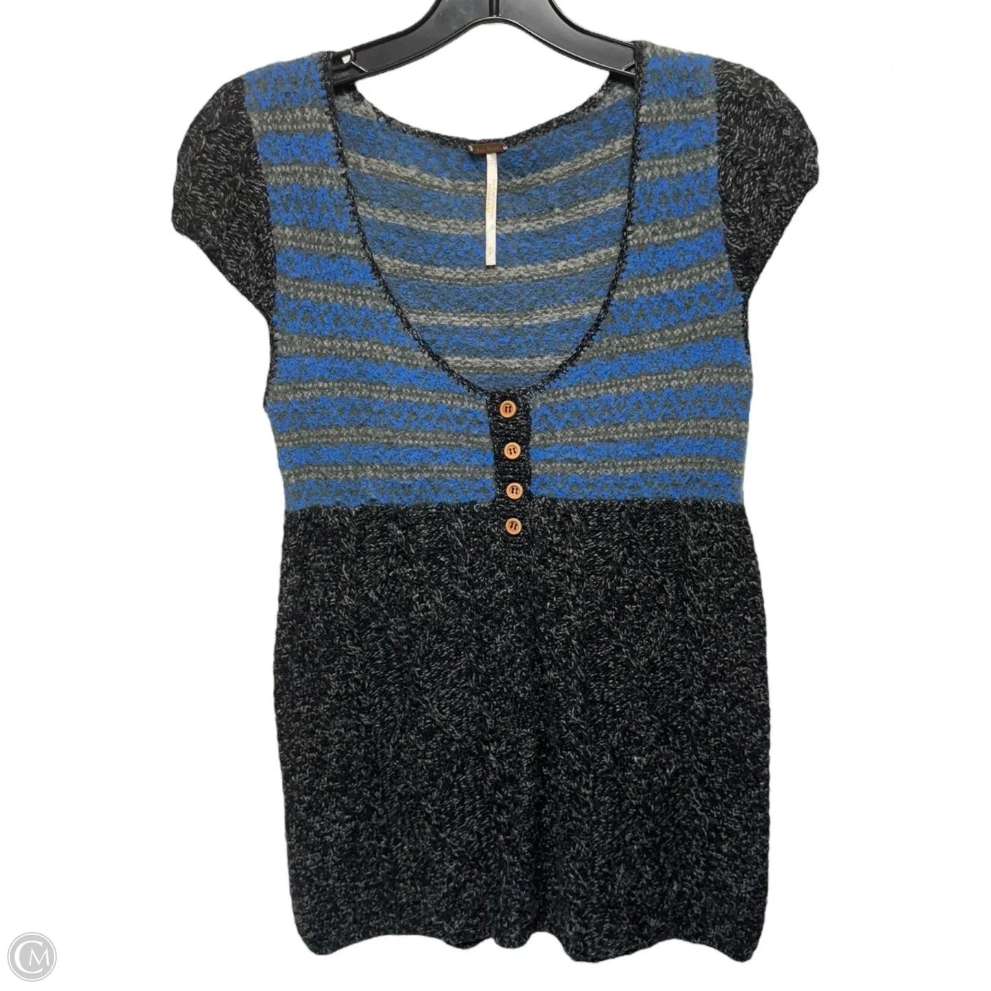 Fair Isle Cable Knit Babydoll Sweater By Free People In Blue & Grey, Size: S