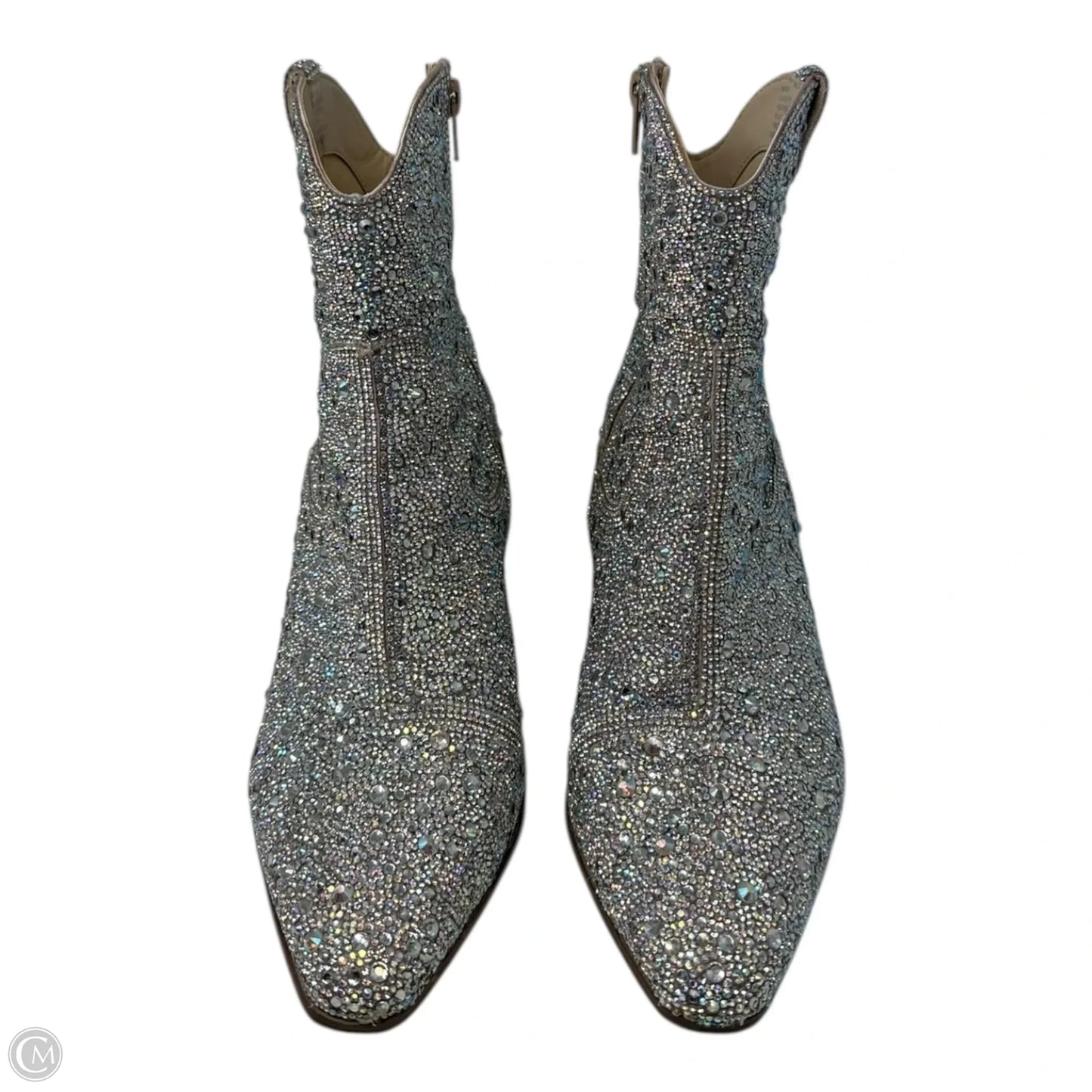 Diva Bedazzled Boots Ankle Heels By Betsey Johnson In Silver, Size: 9
